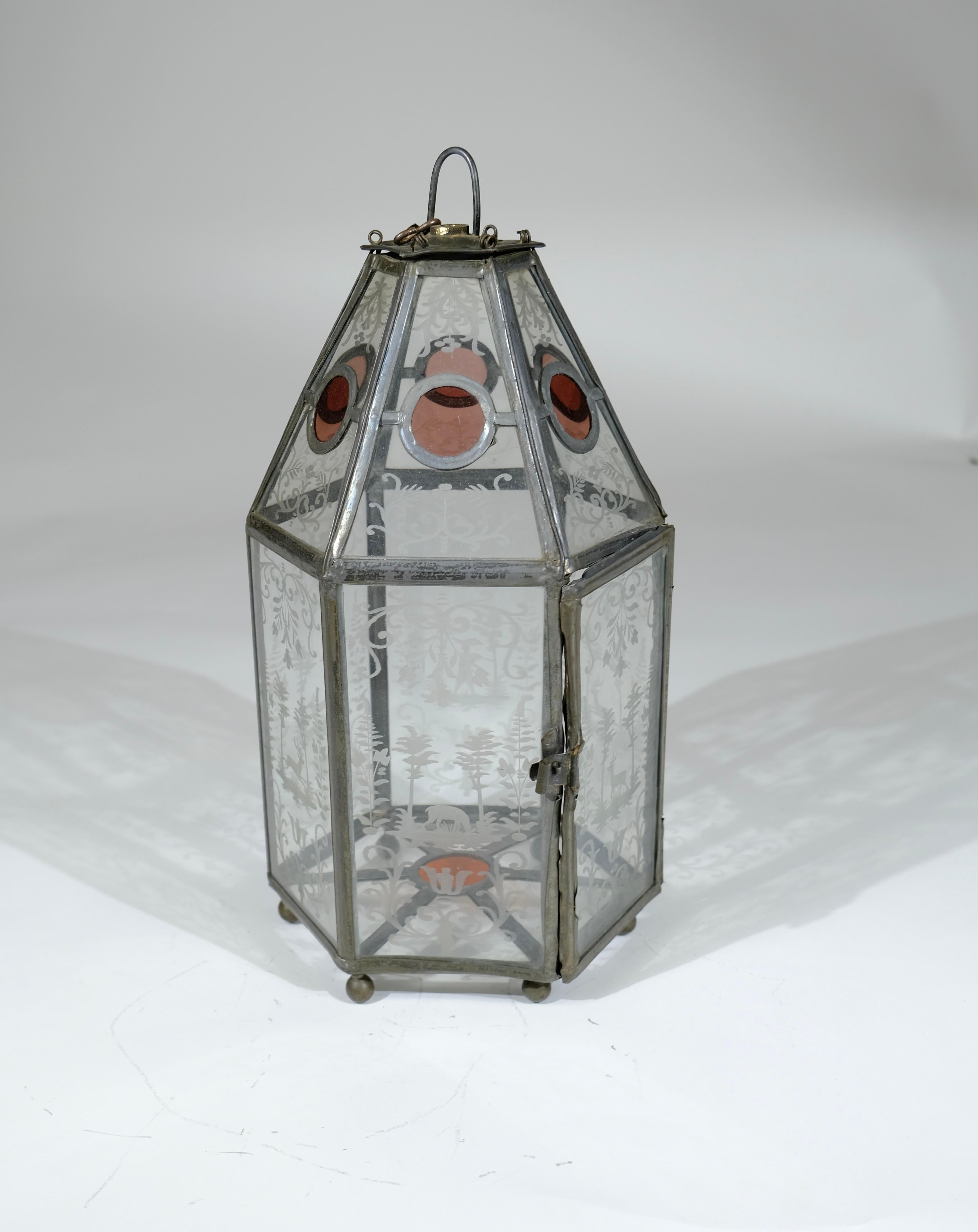 Antique lantern with engraved glass plates, 19th c.  3