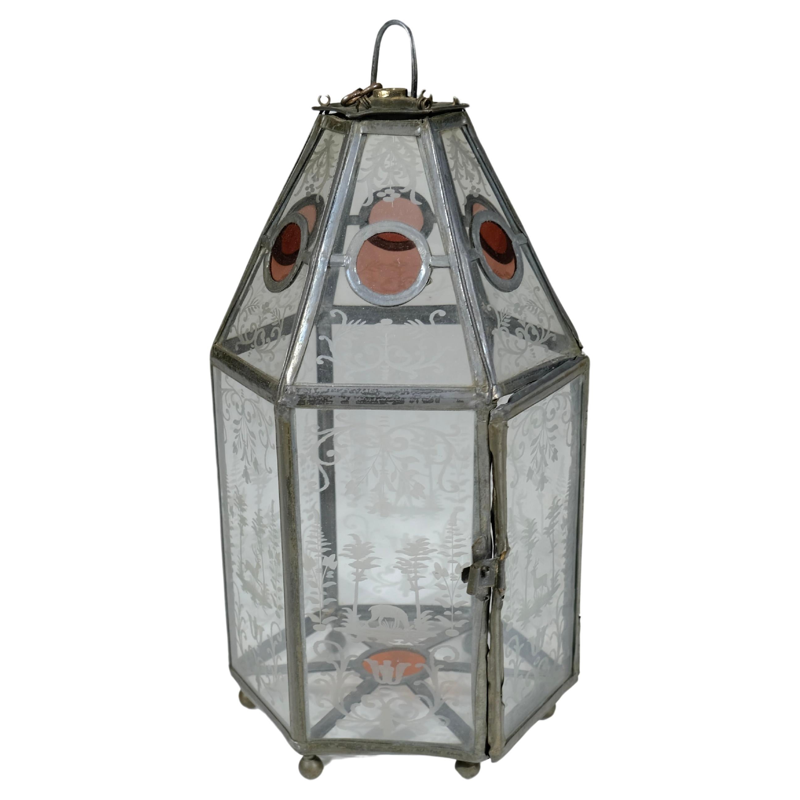 Antique lantern with engraved glass plates, 19th c. 