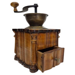 Antique lap coffee grinder made of wood and brass – Biedermeier circa 1850