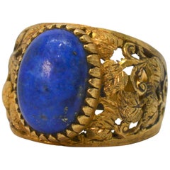 Antique Lapis and 18 Karat Satin Brushed Yellow Gold Ring