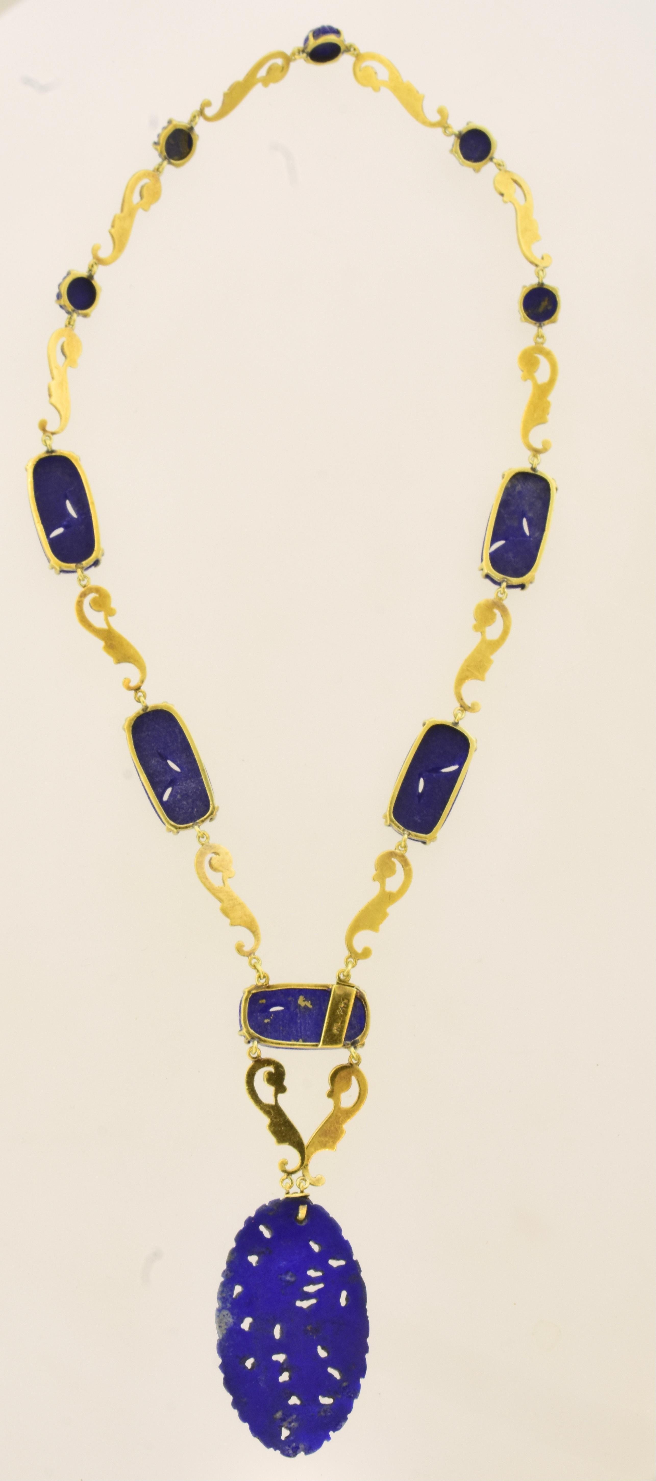Edwardian Antique Lapis and Gold Necklace, American by Walter Lampl, c. 1915. For Sale