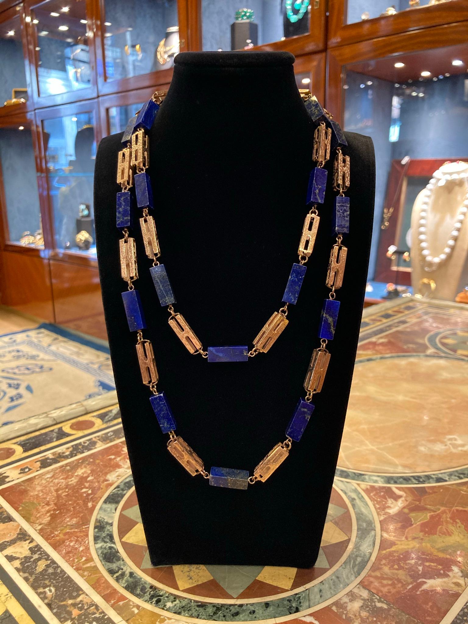 Antique Lapis Bead and Rose Gold Chain Long Sautoir Necklace In Good Condition In New York, NY