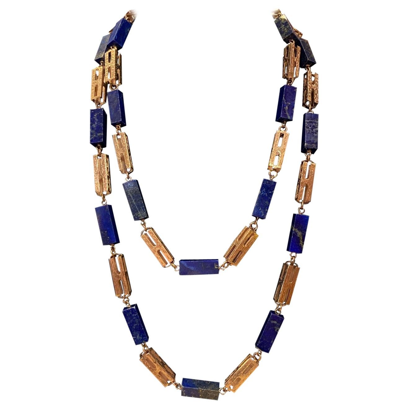 Antique Lapis Bead and Rose Gold Chain Long Sautoir Necklace