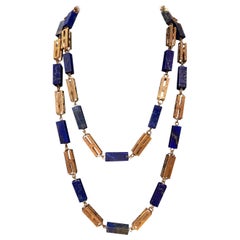 Antique Lapis Bead and Rose Gold Chain Long Sautoir Necklace