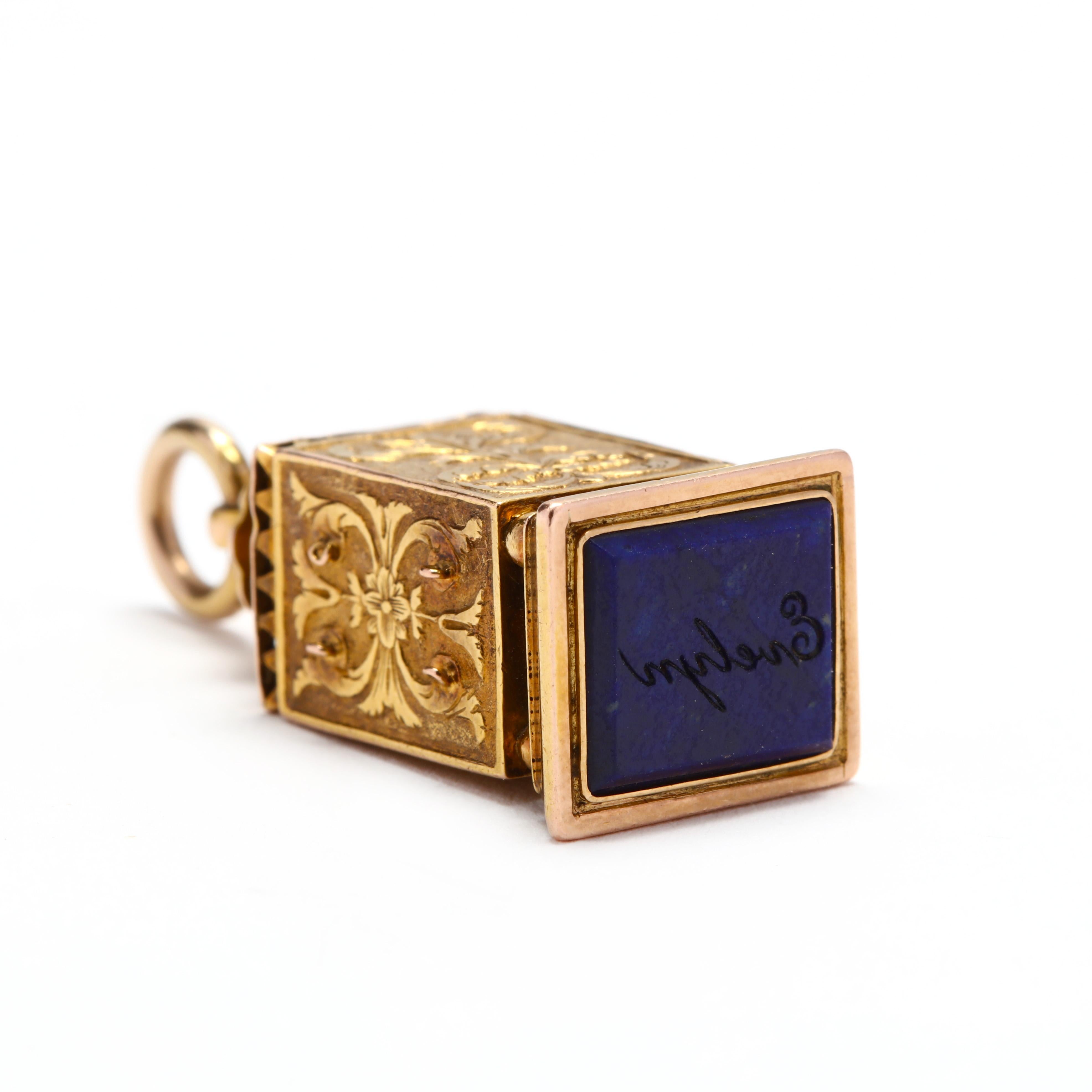 Antique Lapis Charm, Victorian Lantern Charm, Engraved Feather Charm, Articulate In Good Condition For Sale In McLeansville, NC