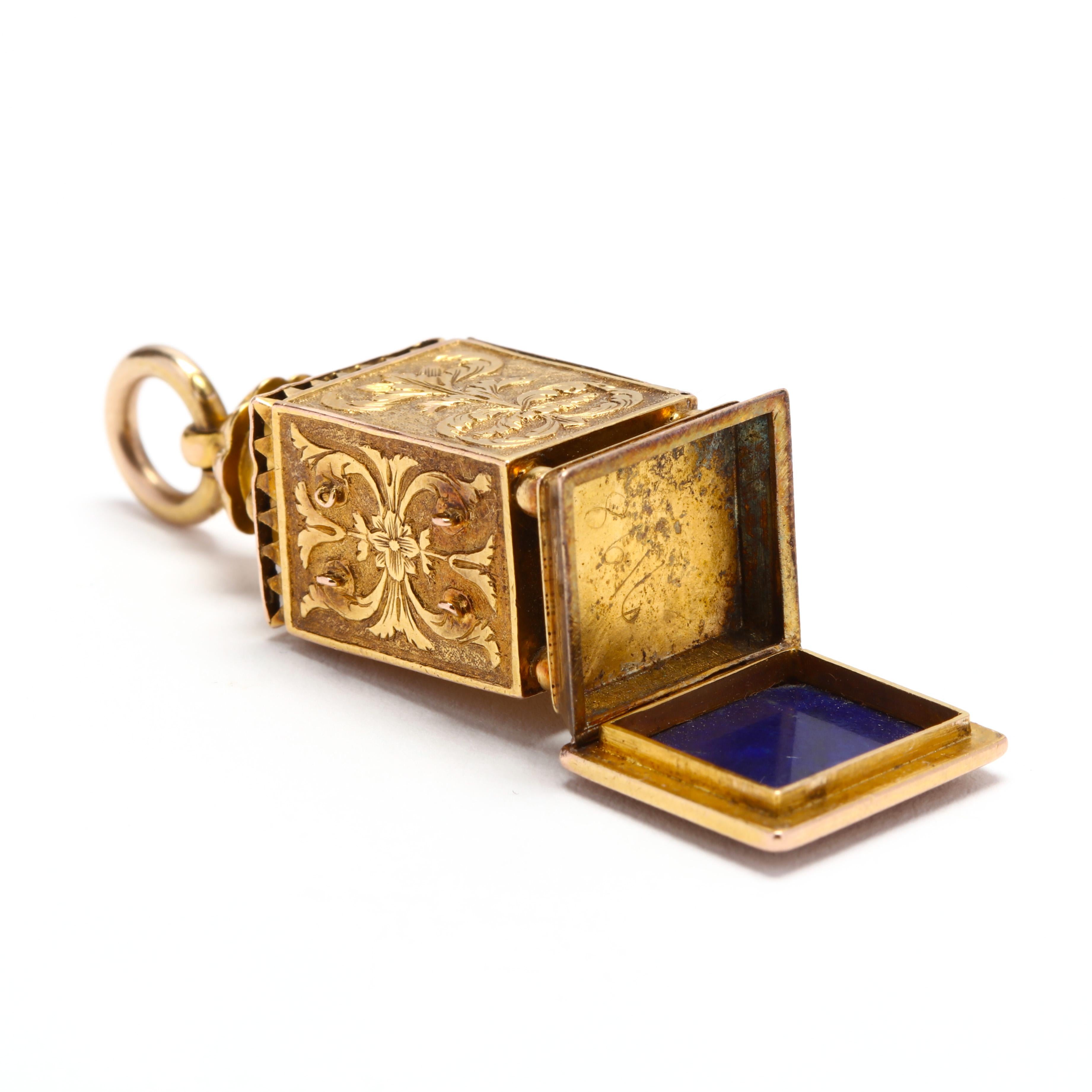 Women's or Men's Antique Lapis Charm, Victorian Lantern Charm, Engraved Feather Charm, Articulate For Sale
