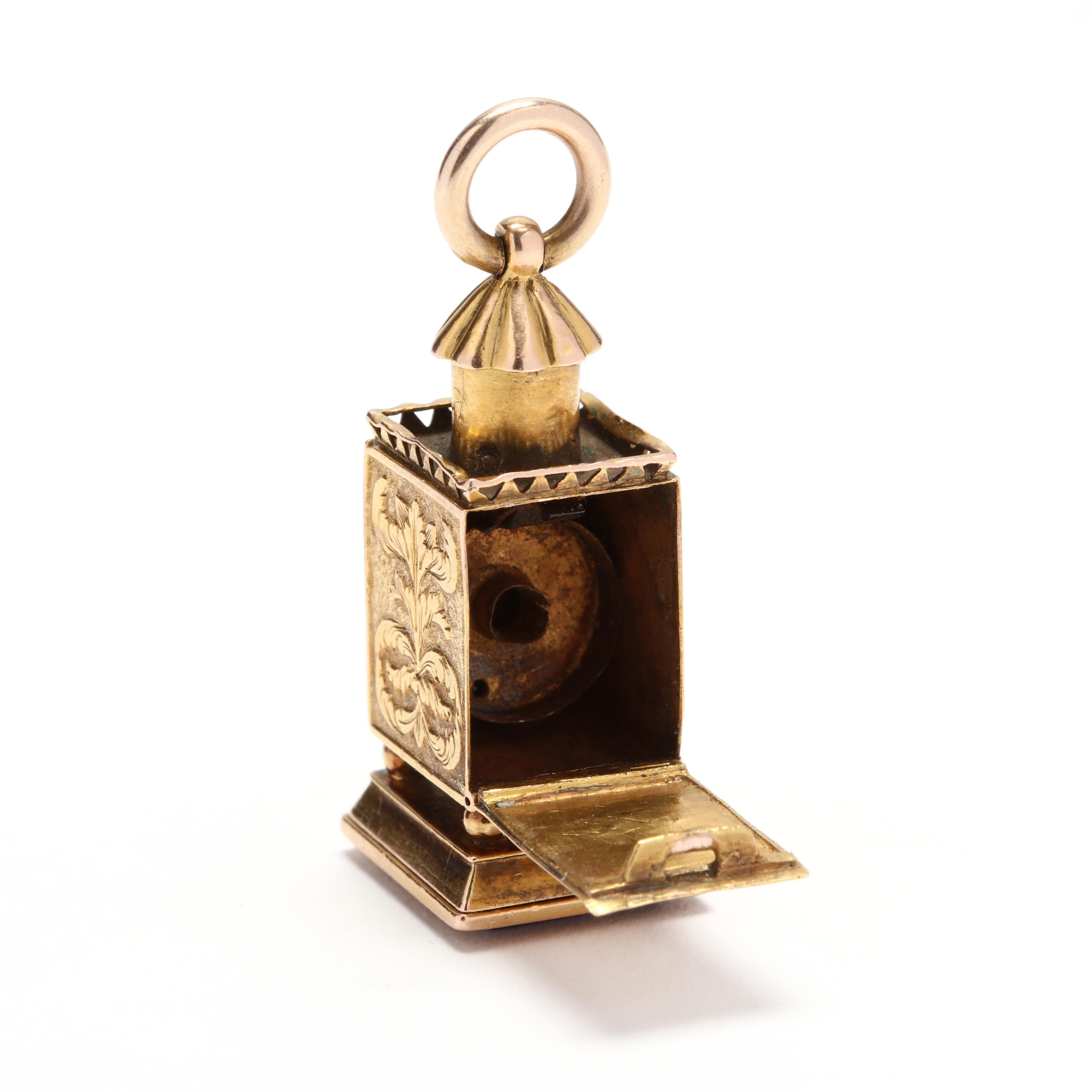 Antique Lapis Charm, Victorian Lantern Charm, Engraved Feather Charm, Articulate For Sale 1