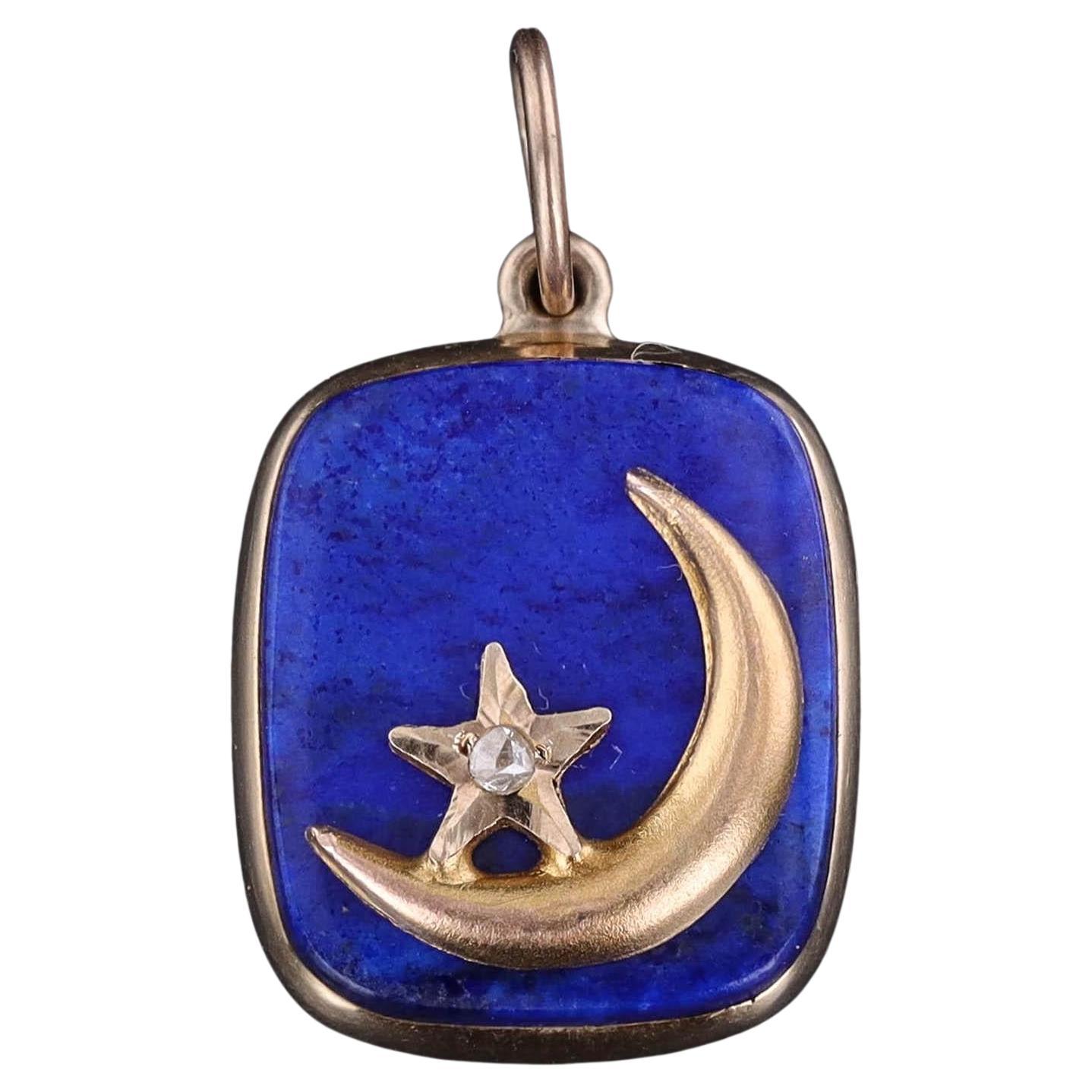 Ciondolo antico di lapis a mezzaluna in oro 14k