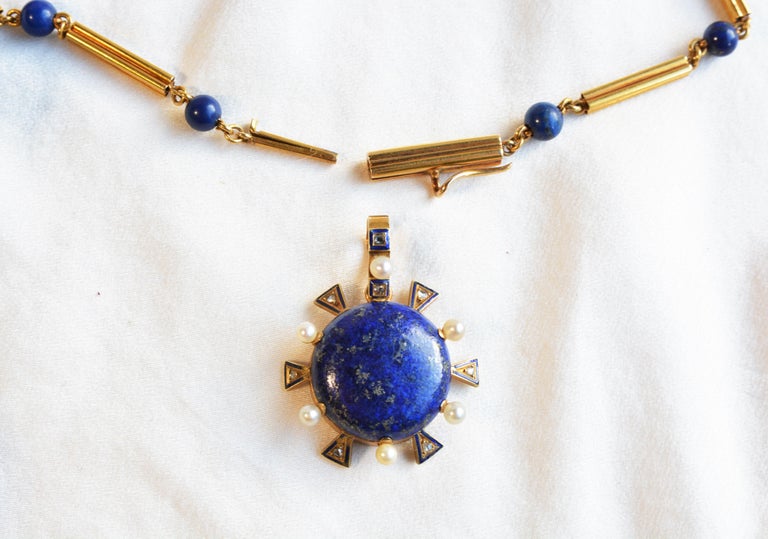 Etruscan Revival Antique Lapis Lazuli 15ct Gold Necklace, Pearl, Diamond and Blue Enamel For Sale