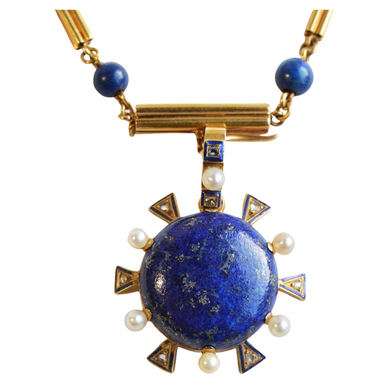 Antique Lapis Lazuli 15ct Gold Necklace, Pearl, Diamond and Blue Enamel For Sale