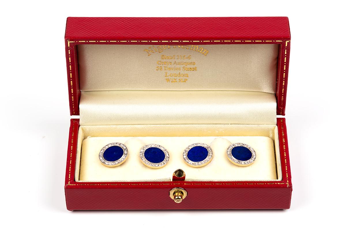 Rose Cut Lapis Lazuli & Diamond Cluster Cufflinks in Platinum & Gold, English, circa 1910 For Sale