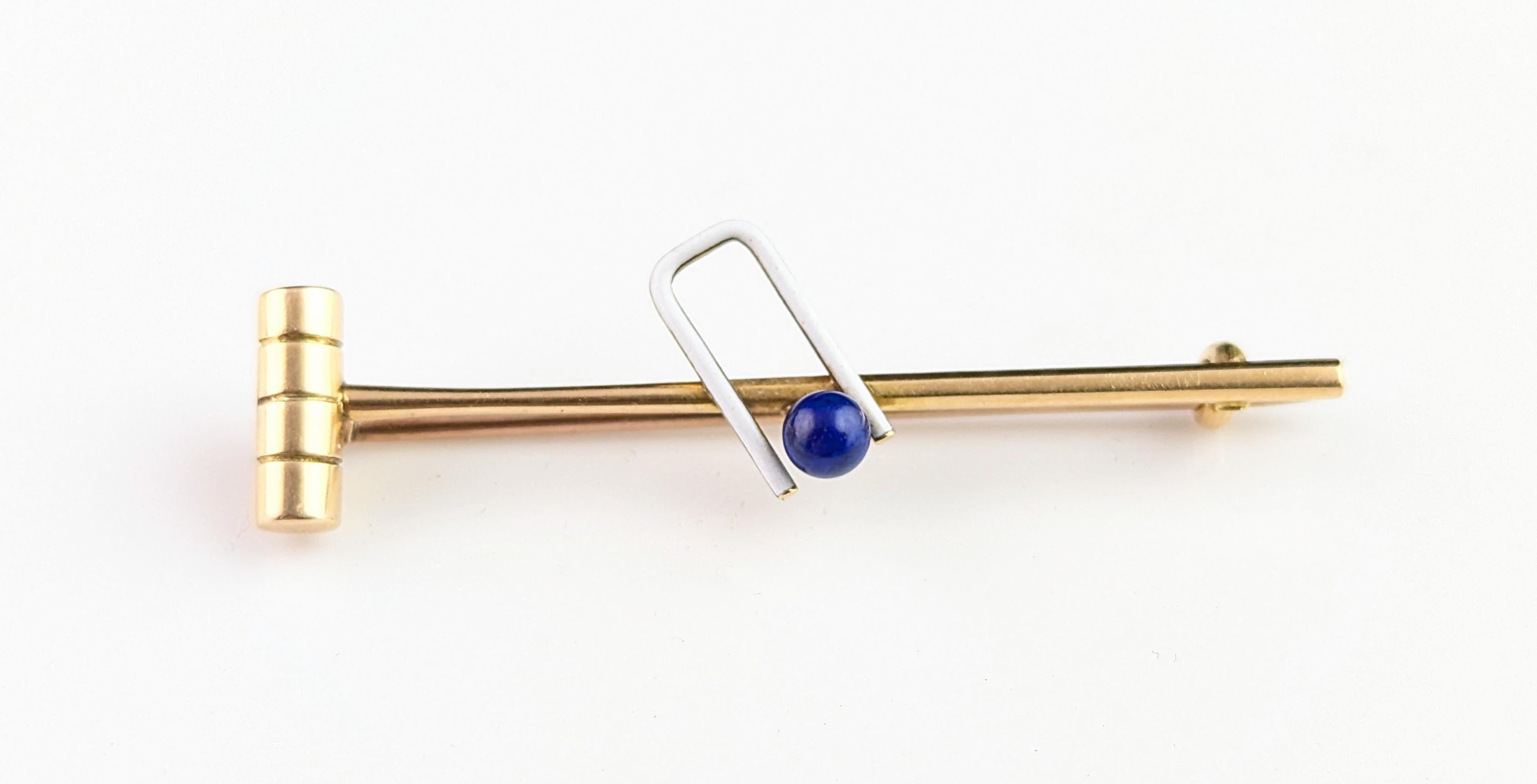 Antique Lapis Lazuli and enamel croquet brooch, tie pin, 15k gold For Sale 4