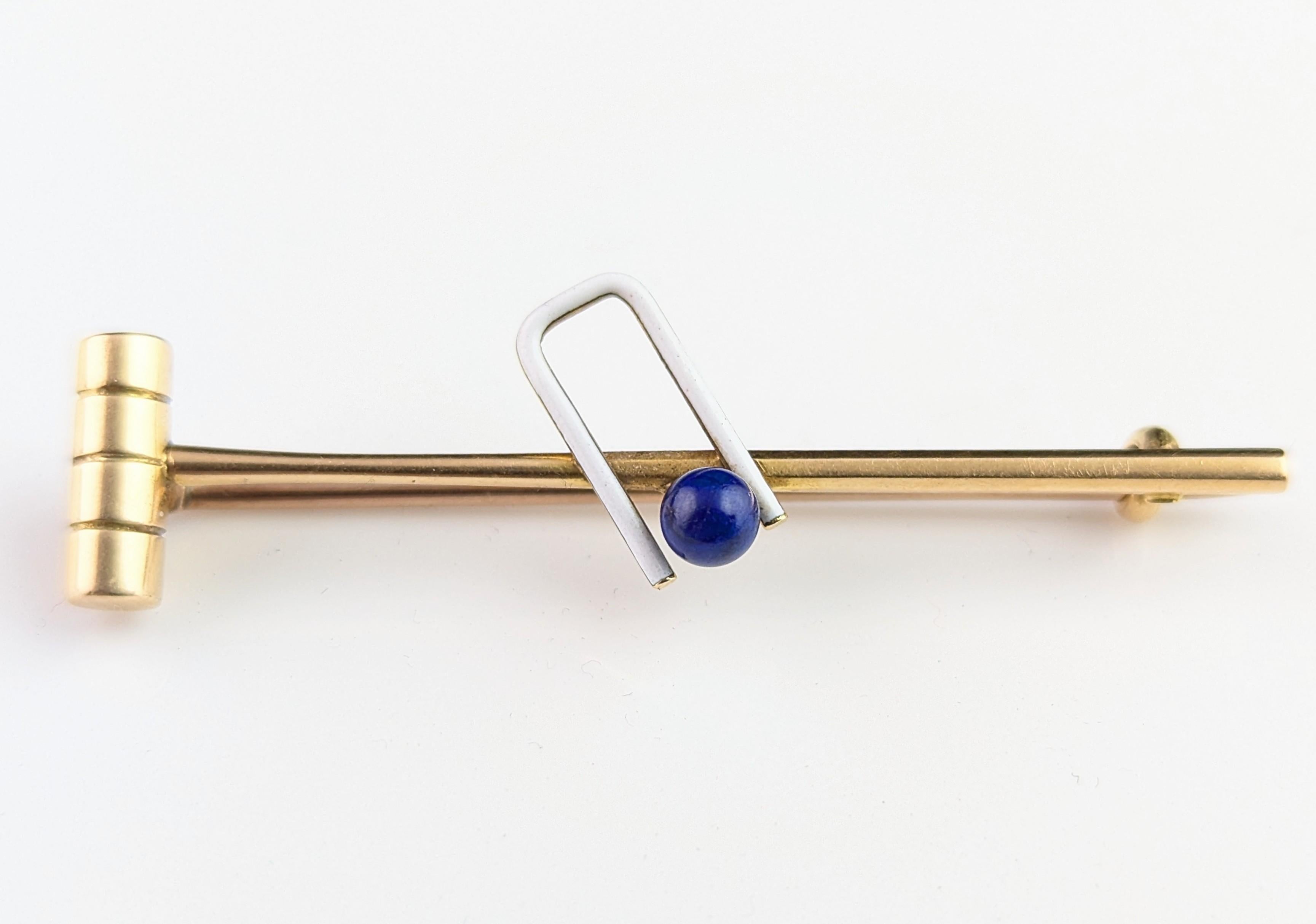 Antique Lapis Lazuli and enamel croquet brooch, tie pin, 15k gold For Sale 5