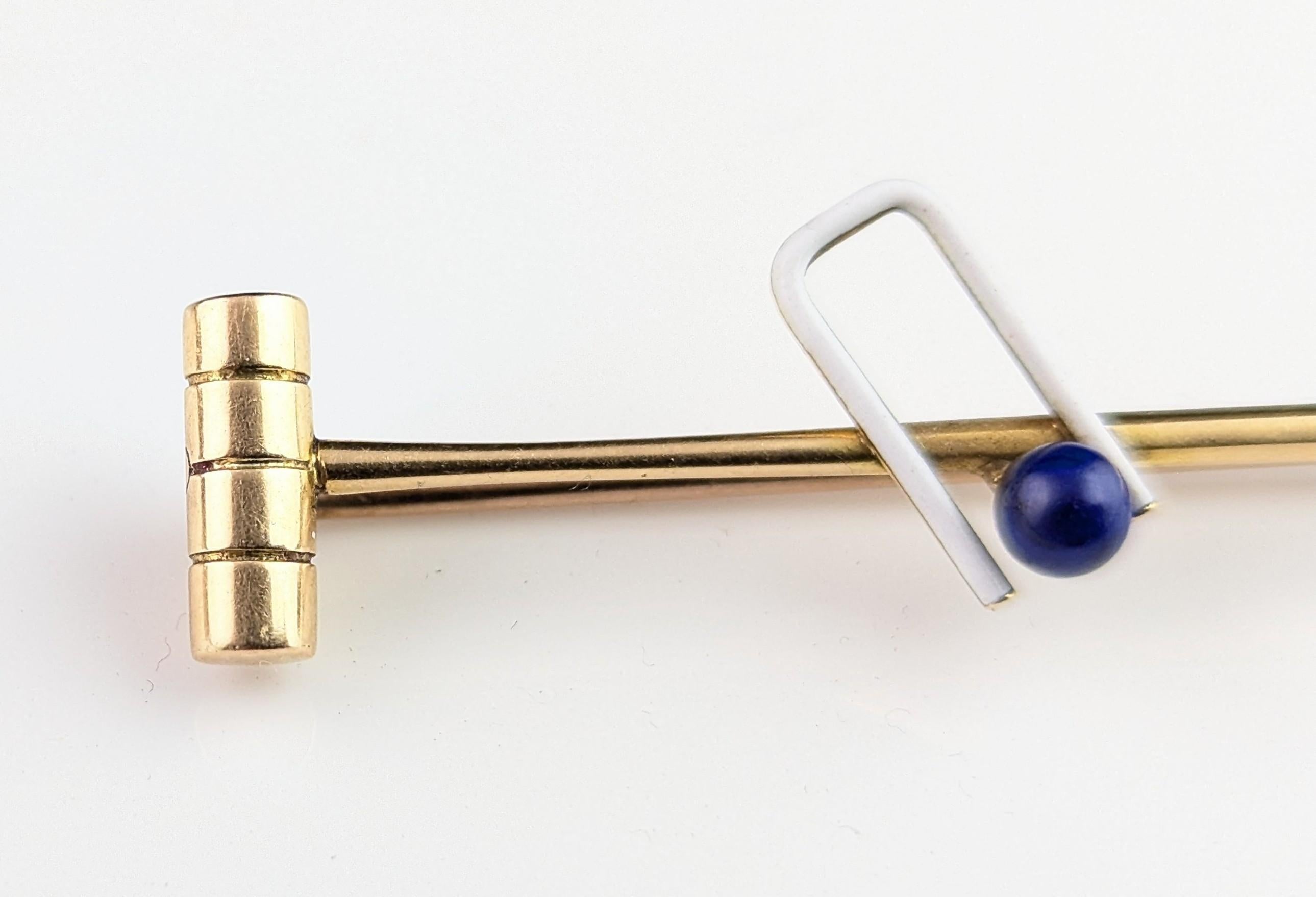 Antique Lapis Lazuli and enamel croquet brooch, tie pin, 15k gold For Sale 6