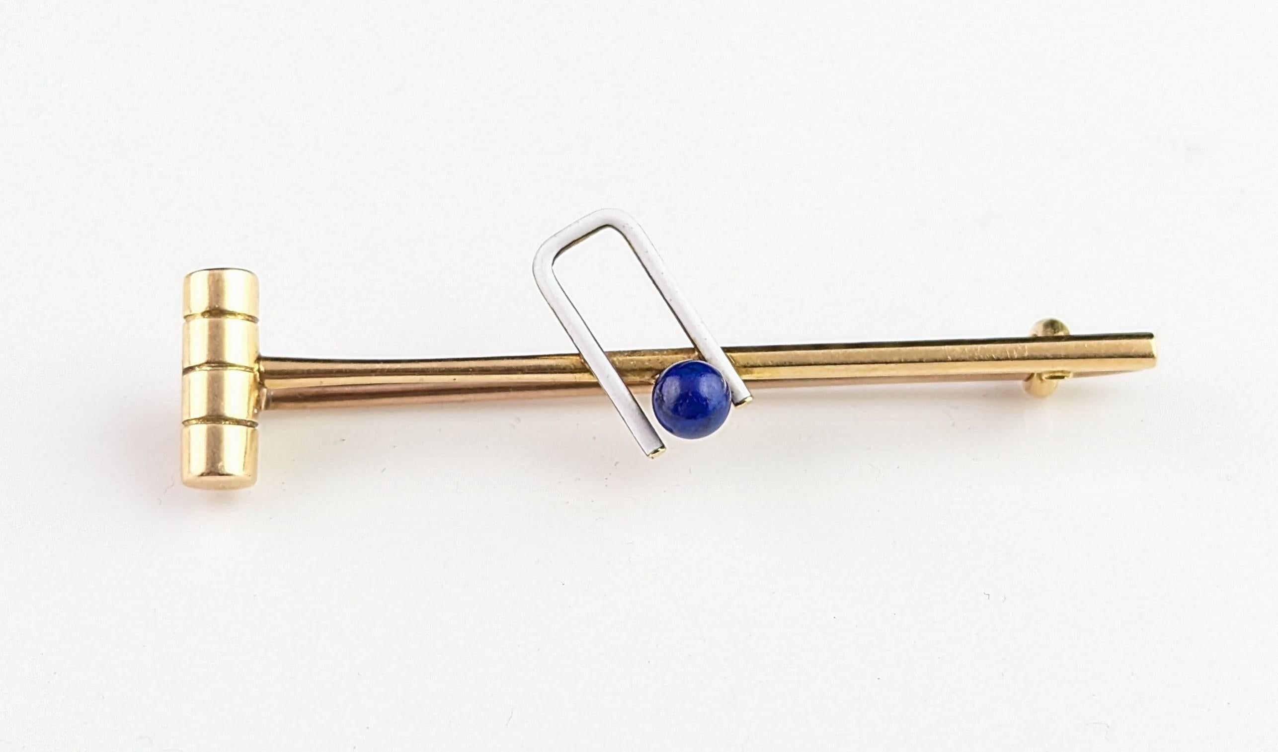 Antique Lapis Lazuli and enamel croquet brooch, tie pin, 15k gold For Sale 7