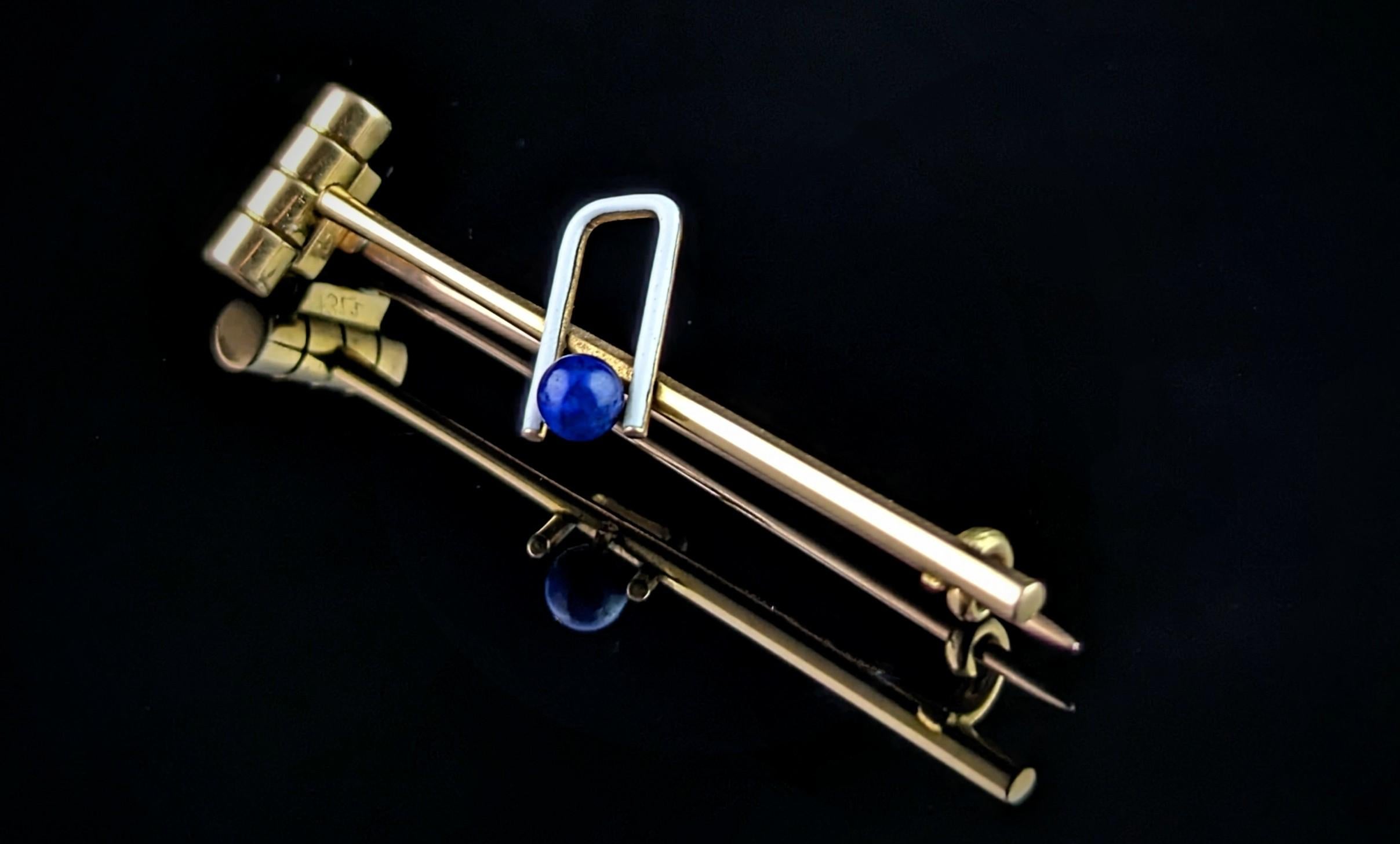 Bead Antique Lapis Lazuli and enamel croquet brooch, tie pin, 15k gold For Sale