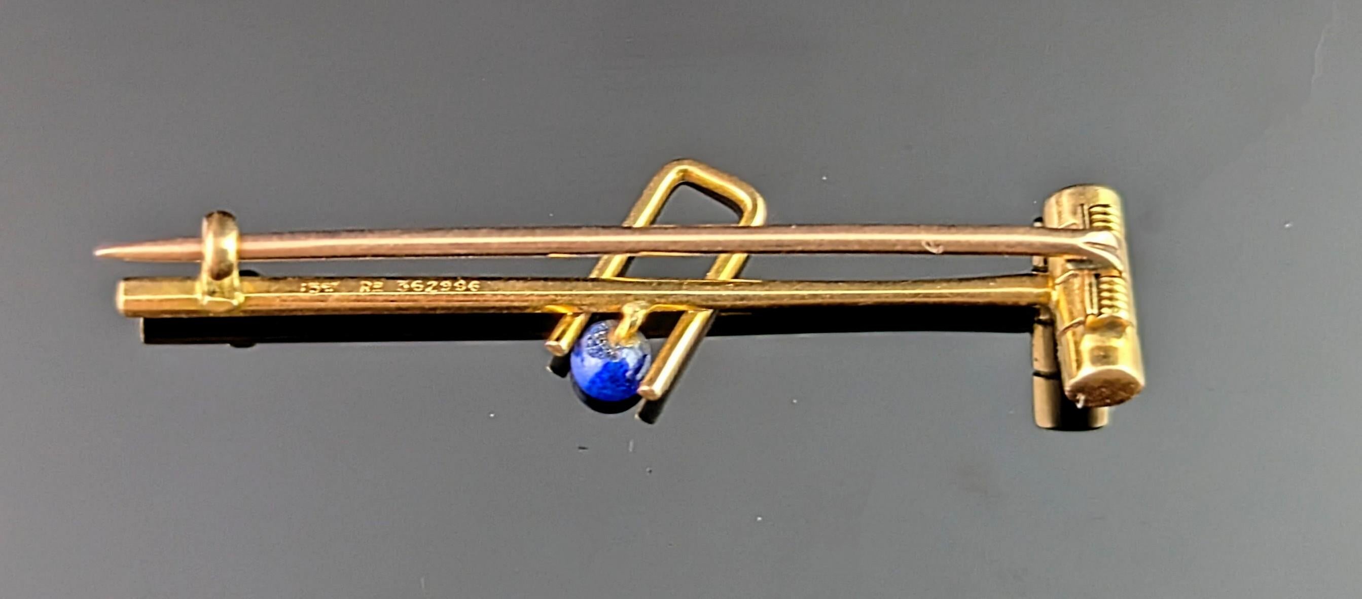 Women's or Men's Antique Lapis Lazuli and enamel croquet brooch, tie pin, 15k gold For Sale