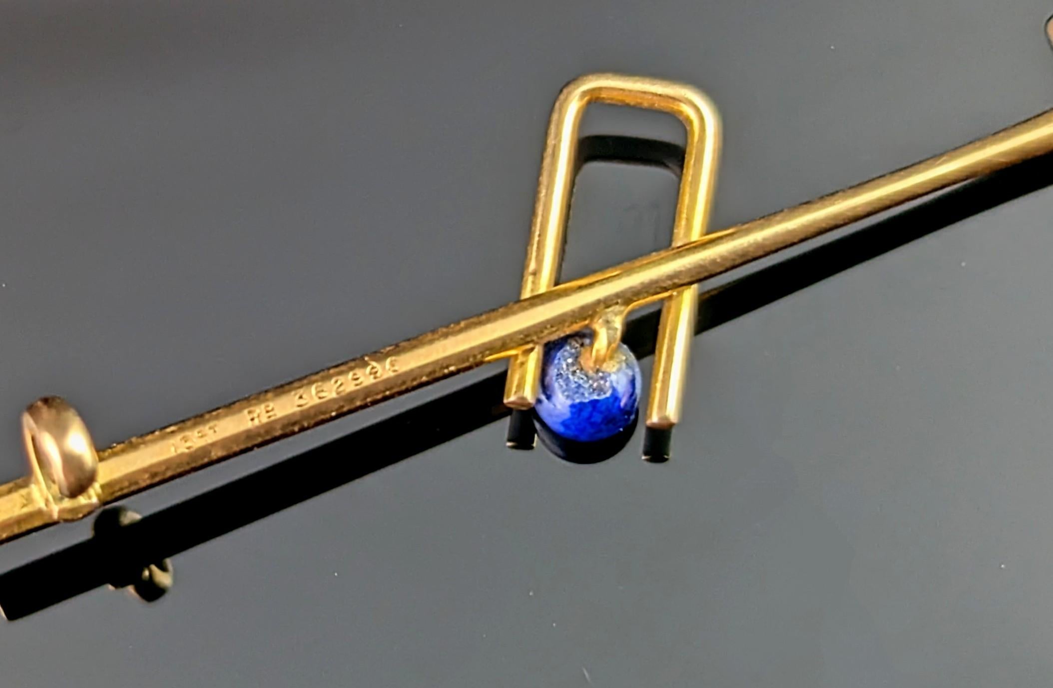Antique Lapis Lazuli and enamel croquet brooch, tie pin, 15k gold For Sale 1