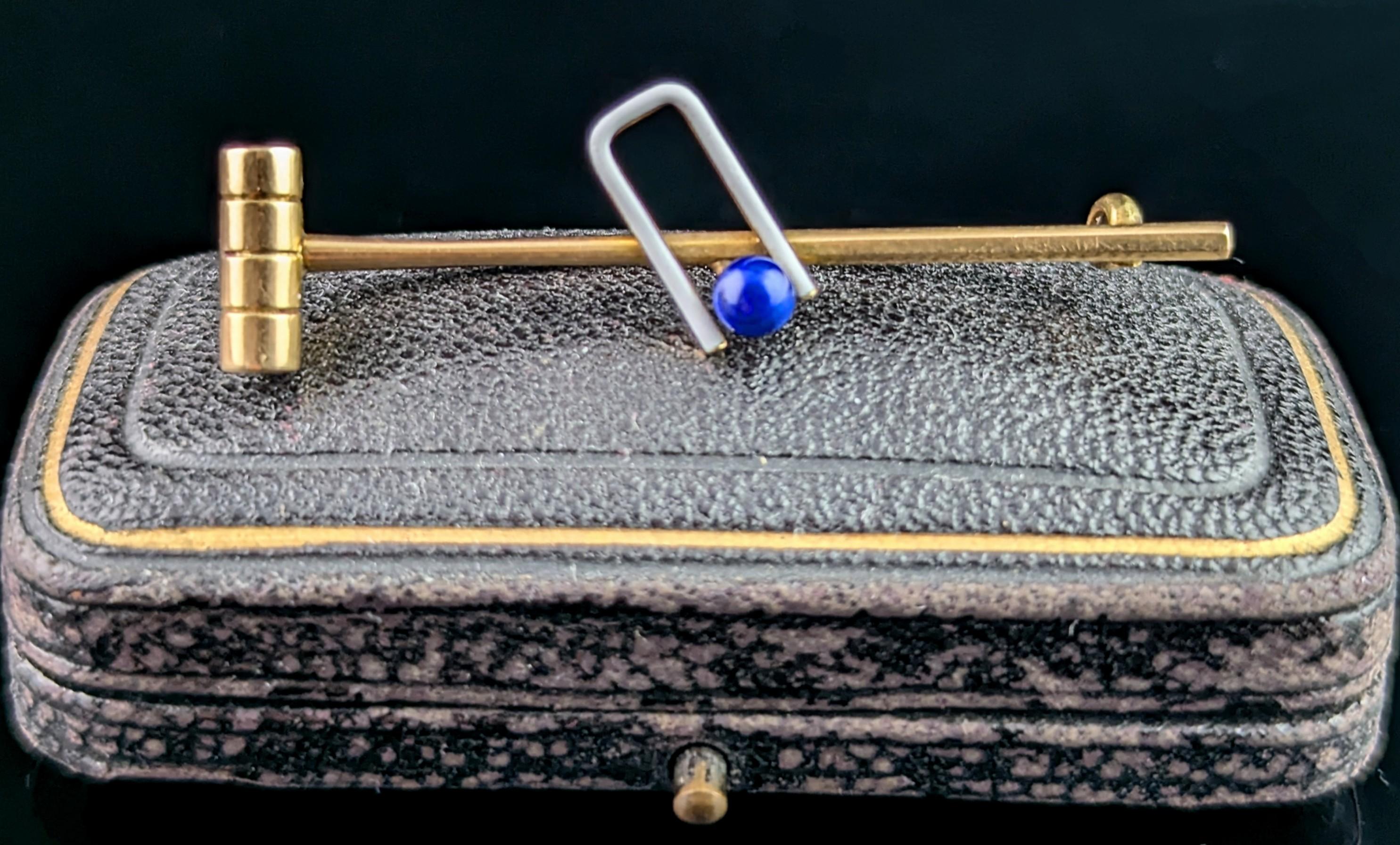 Antique Lapis Lazuli and enamel croquet brooch, tie pin, 15k gold For Sale 2
