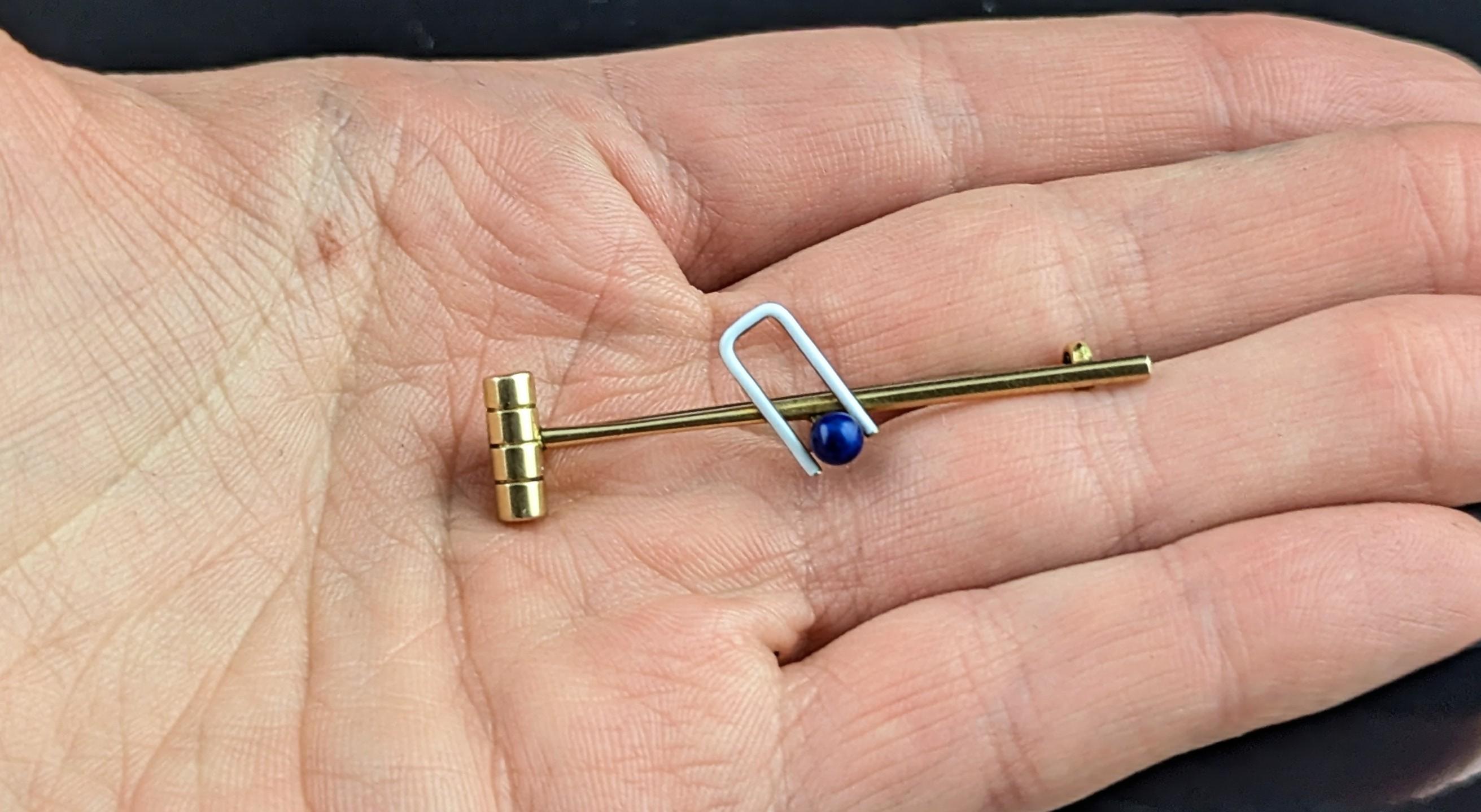 Antique Lapis Lazuli and enamel croquet brooch, tie pin, 15k gold For Sale 3