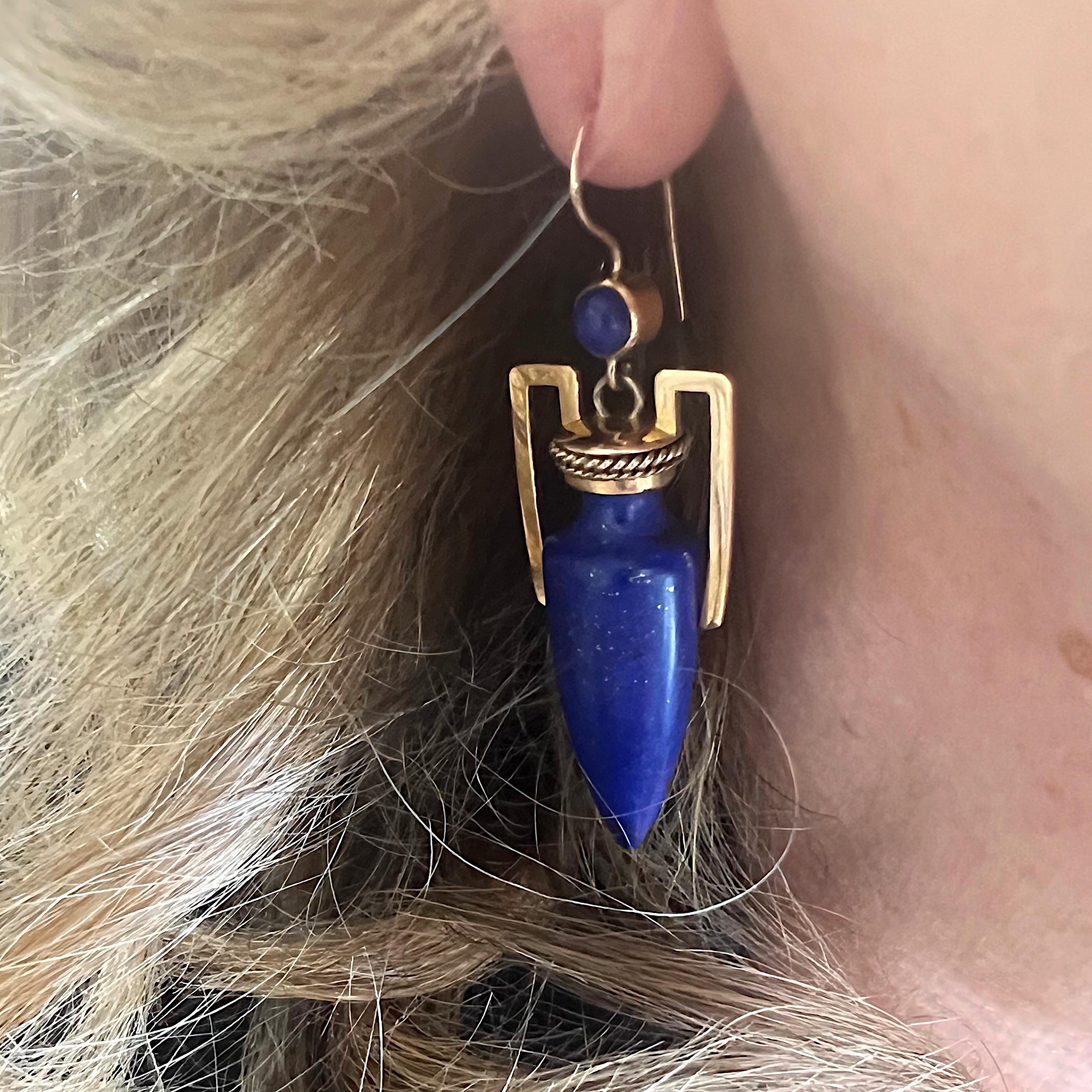 Victorian Antique Lapis Lazuli and Gold Amphora Earrings, Circa 1875 For Sale