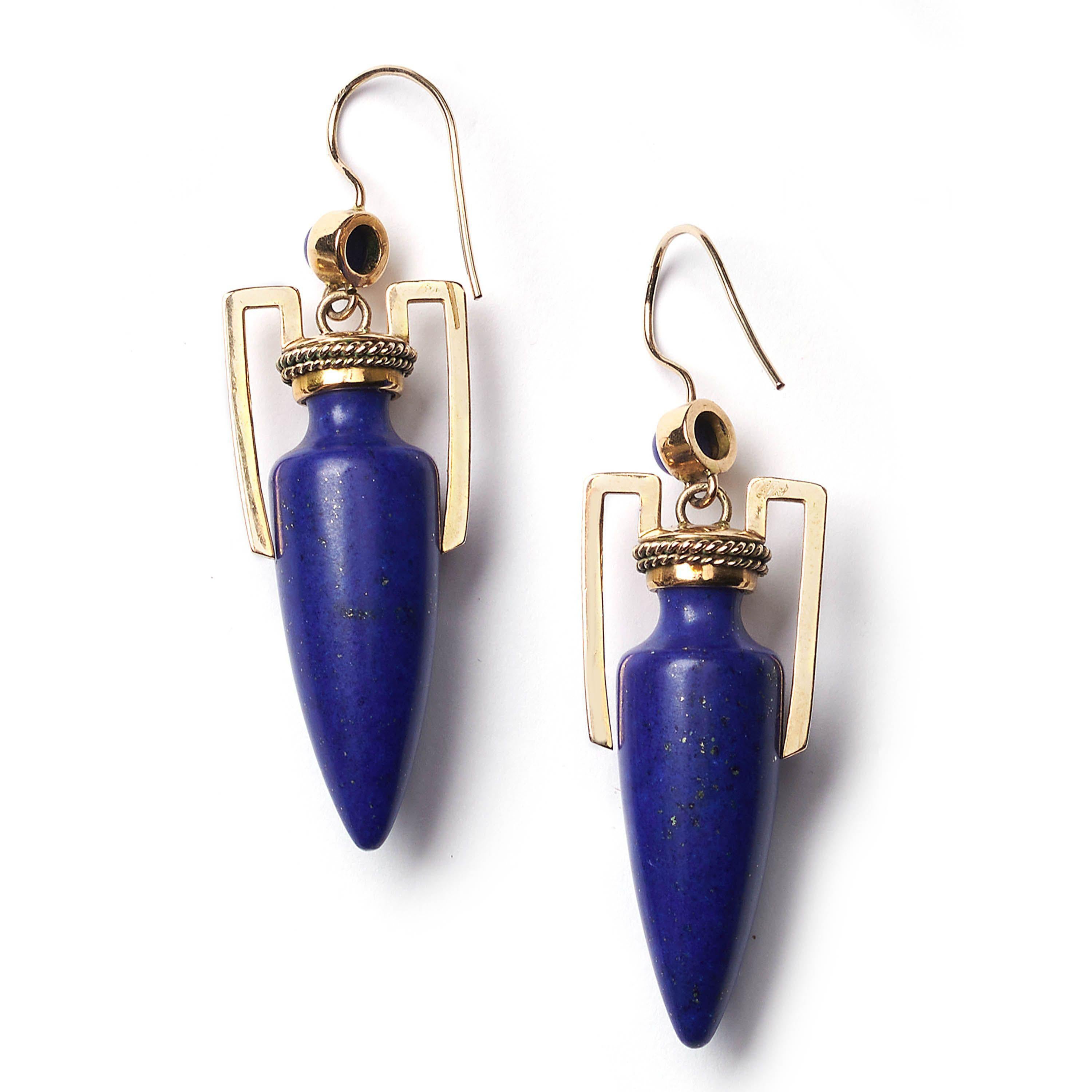 Women's Antique Lapis Lazuli and Gold Amphora Earrings, Circa 1875 For Sale