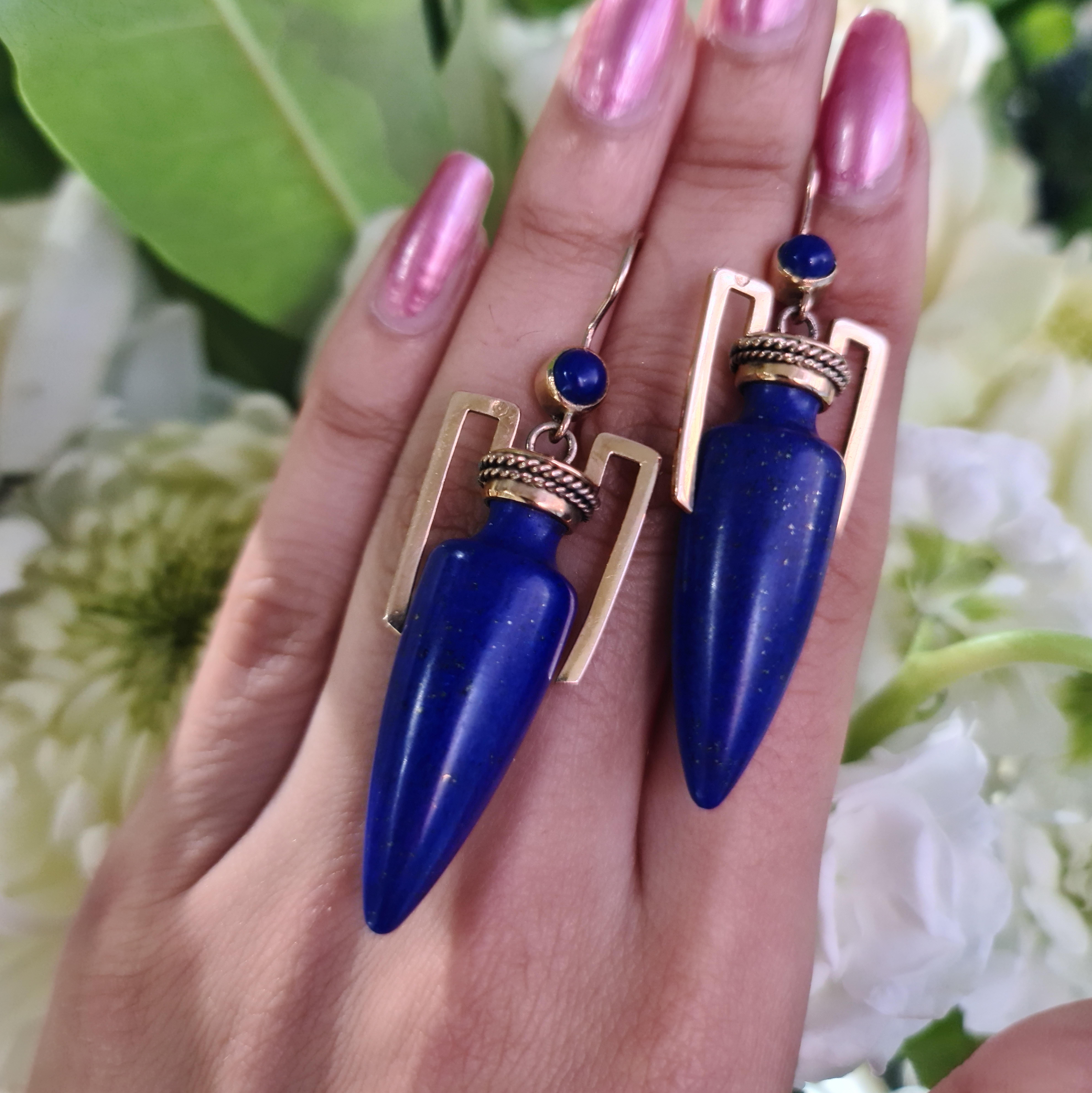 Bullet Cut Antique Lapis Lazuli And Gold Amphora Earrings, Circa 1875 For Sale