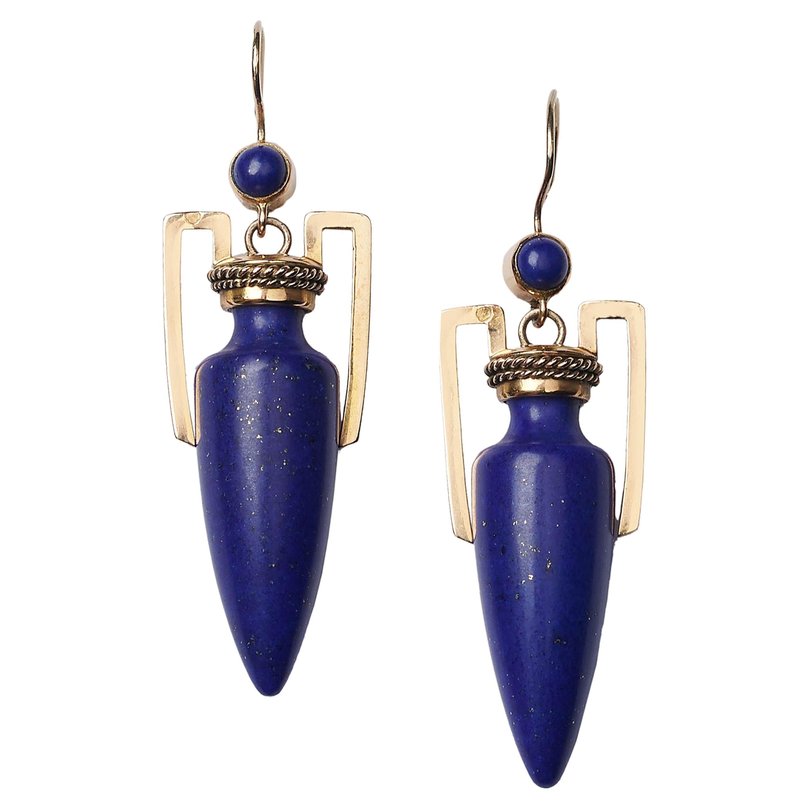 Antique Lapis Lazuli And Gold Amphora Earrings, Circa 1875 For Sale
