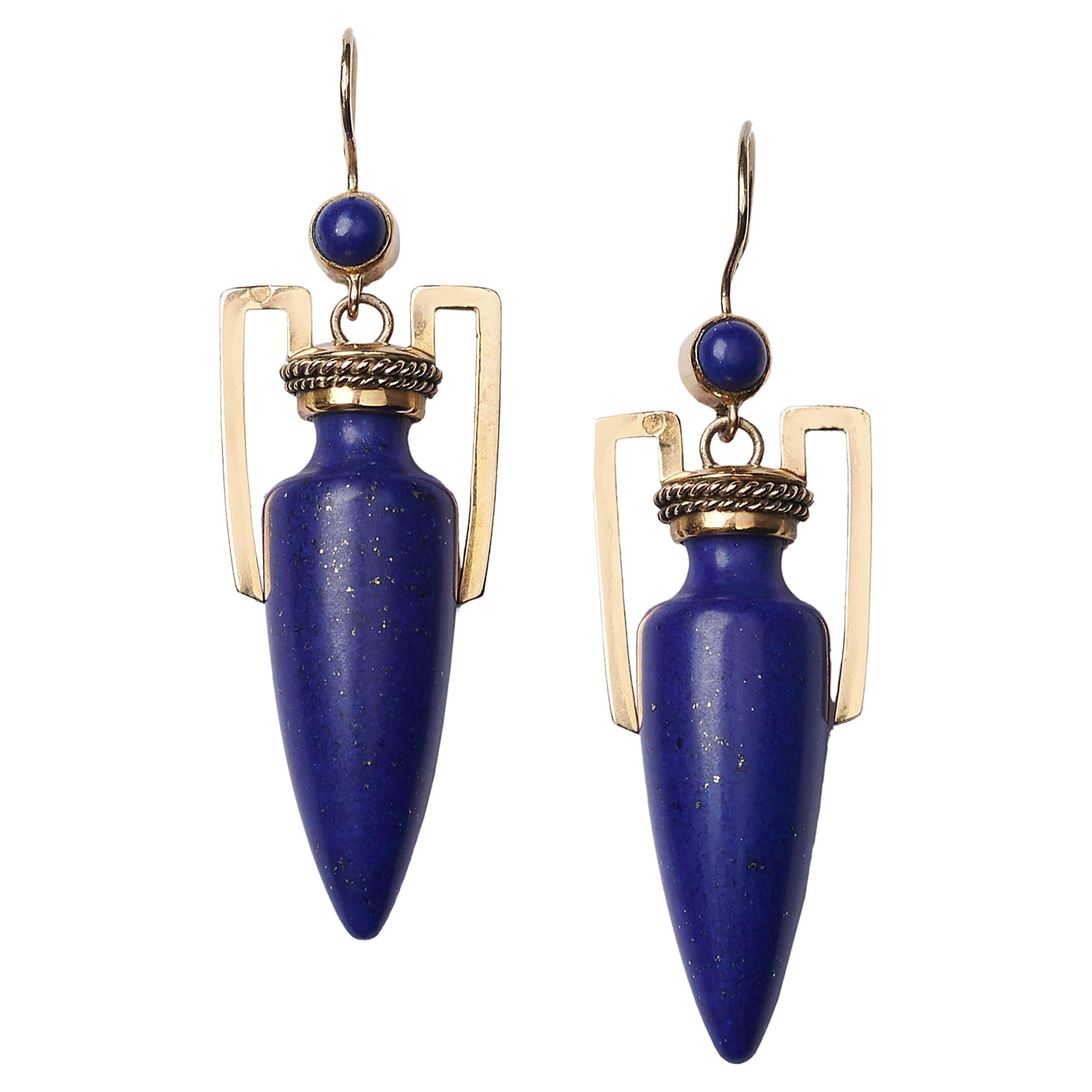 Antique Lapis Lazuli and Gold Amphora Earrings, Circa 1875