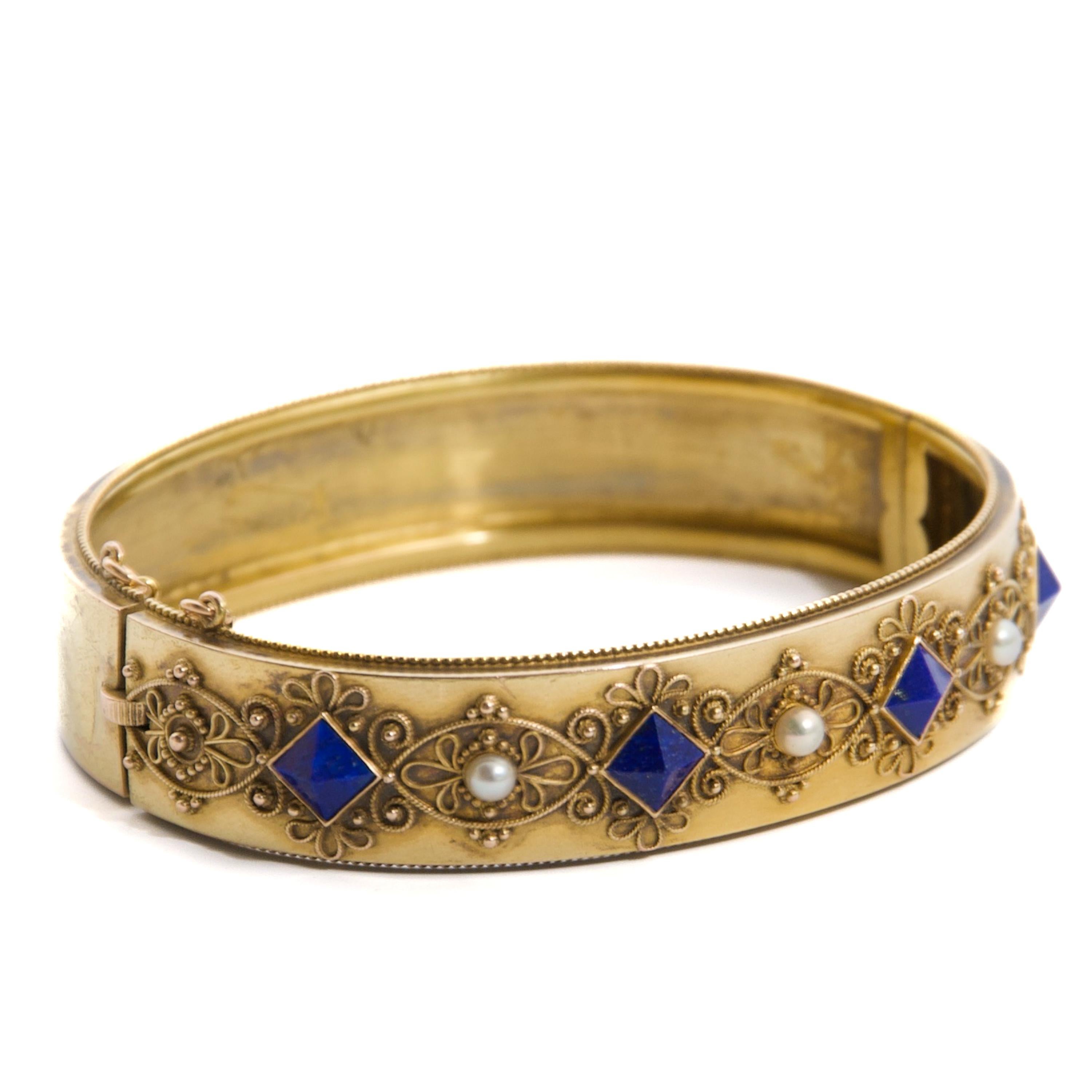 Antique Lapis Lazuli and Pearl 14K Filigree Gold Bracelet For Sale 4