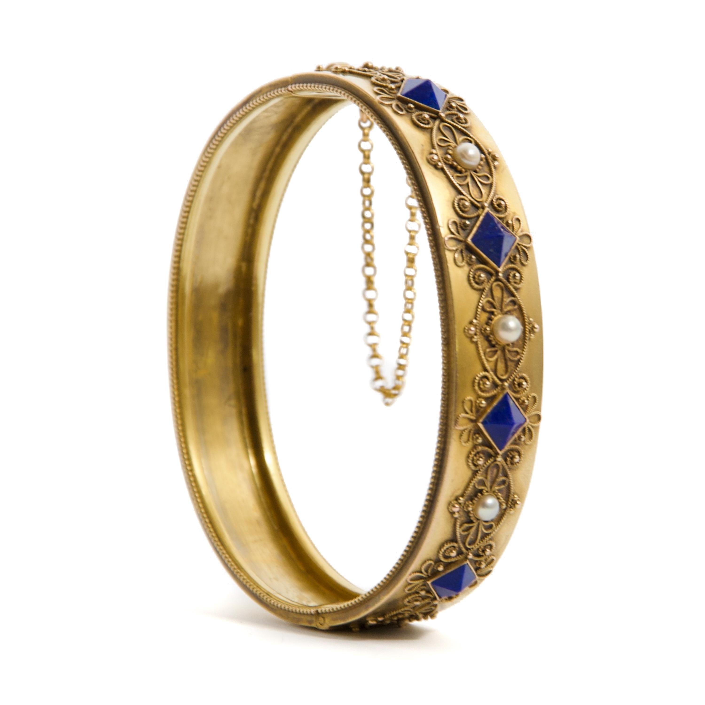 Artisan Antique Lapis Lazuli and Pearl 14K Filigree Gold Bracelet For Sale