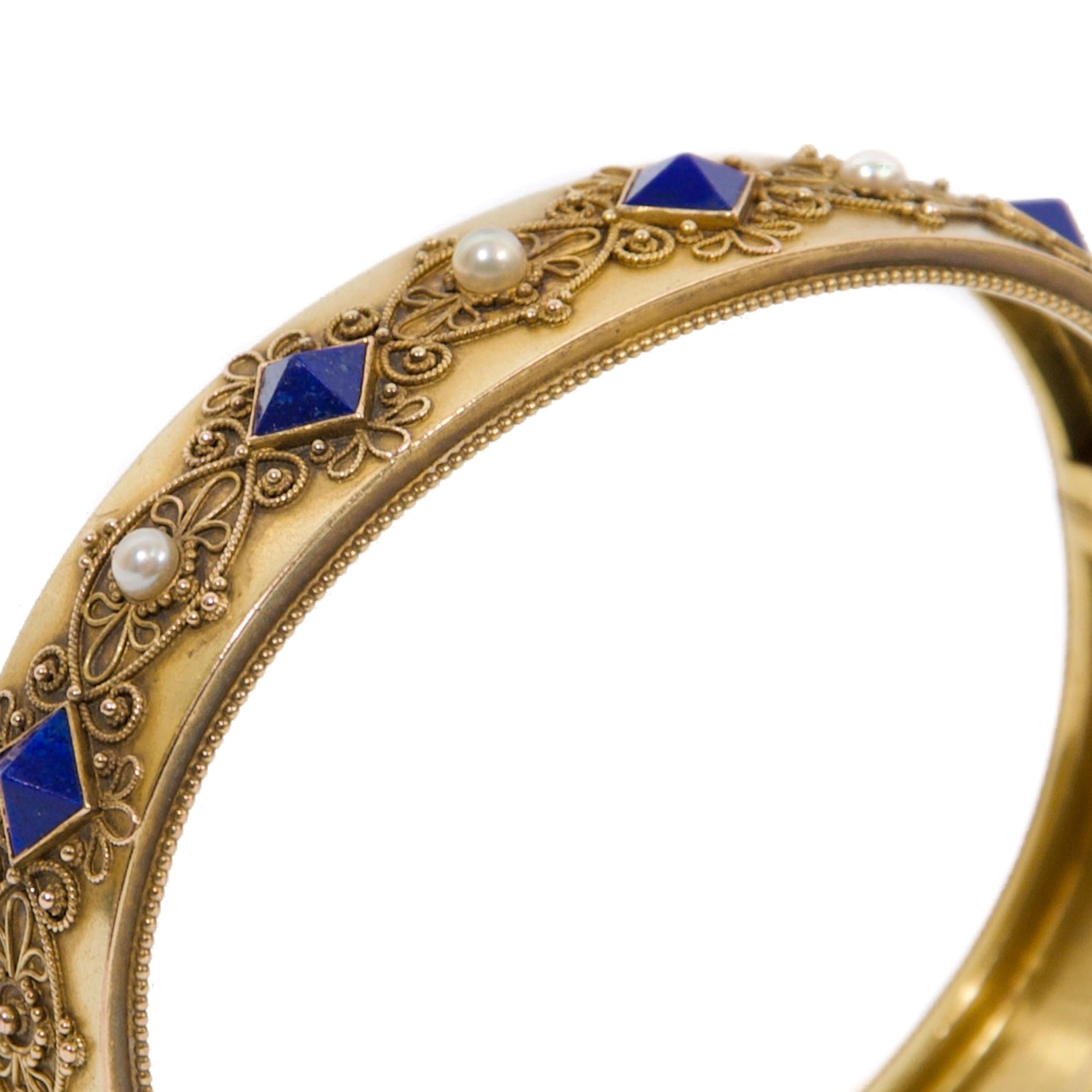 Mixed Cut Antique Lapis Lazuli and Pearl 14K Filigree Gold Bracelet For Sale