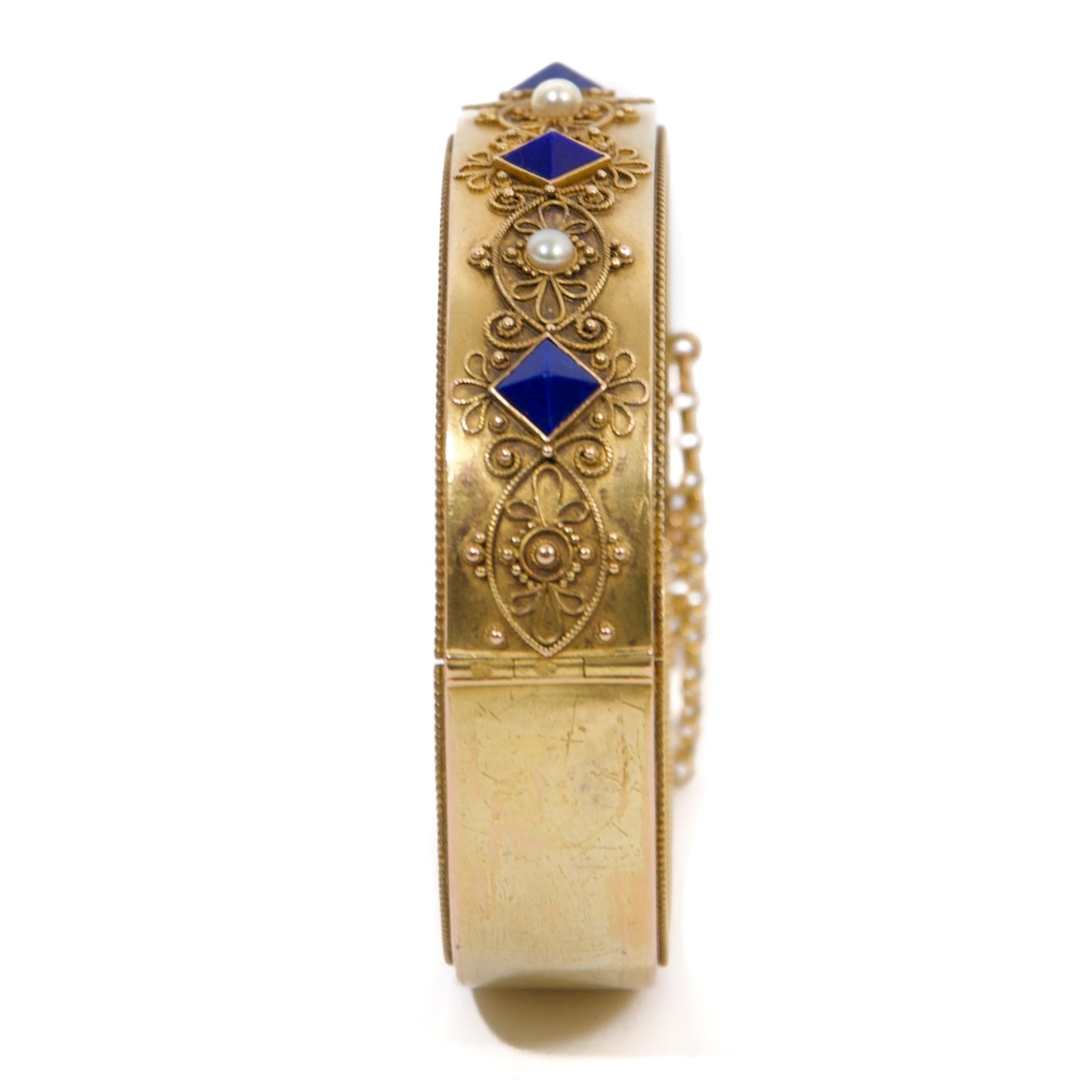 Women's Antique Lapis Lazuli and Pearl 14K Filigree Gold Bracelet For Sale