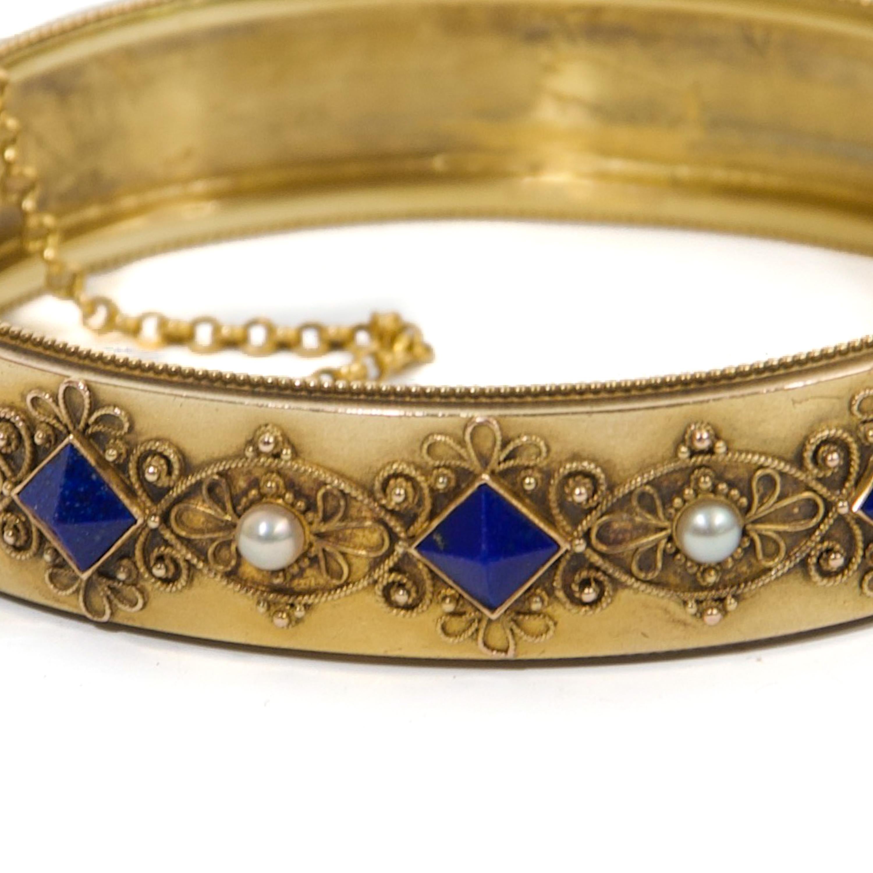 Antique Lapis Lazuli and Pearl 14K Filigree Gold Bracelet For Sale 1