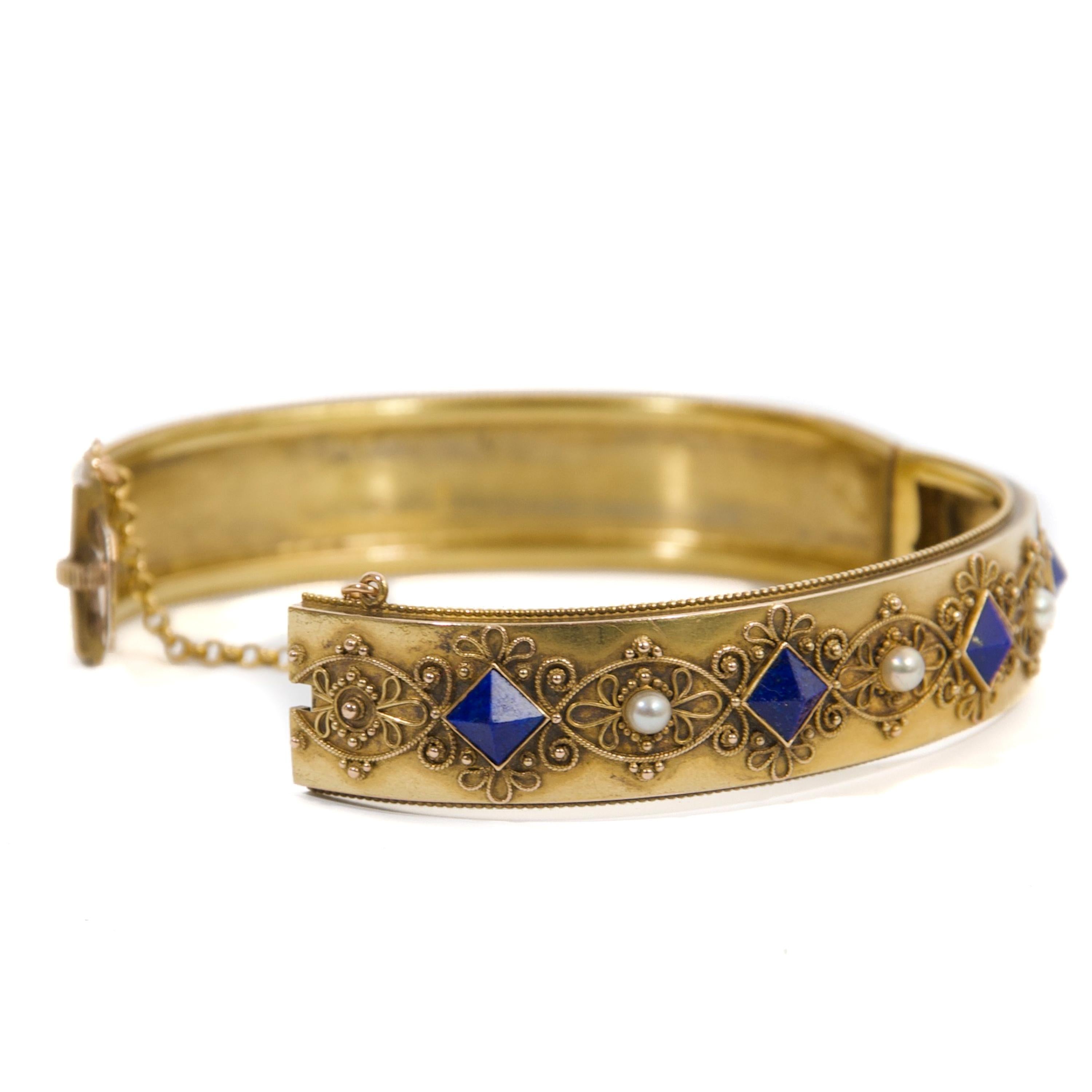 Antique Lapis Lazuli and Pearl 14K Filigree Gold Bracelet For Sale 2