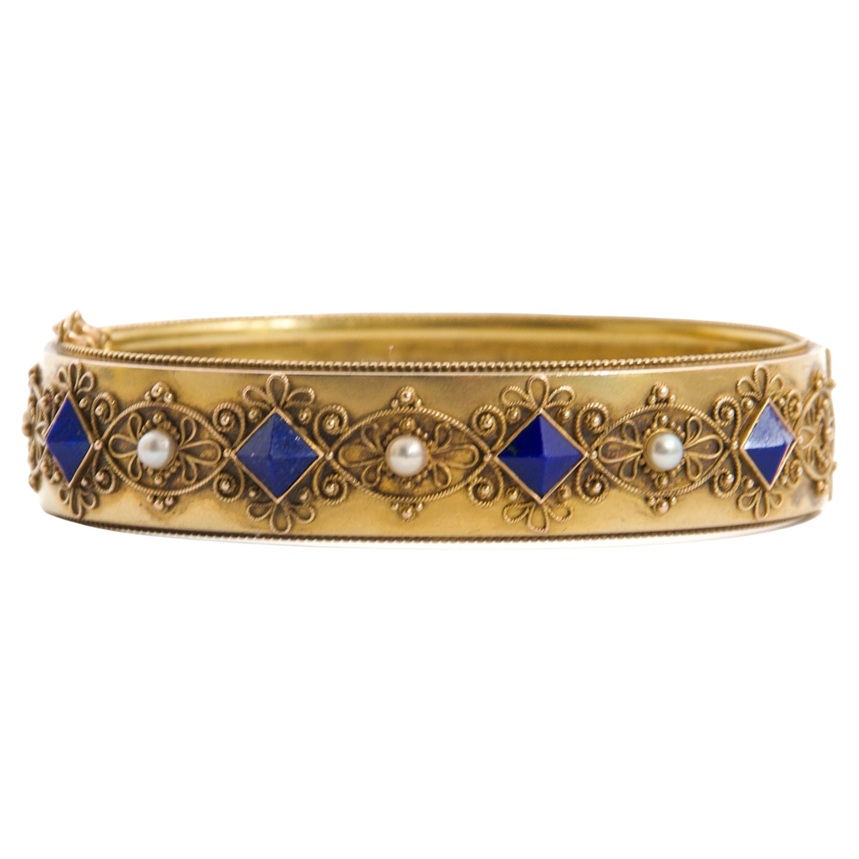 Antique Lapis Lazuli and Pearl 14K Filigree Gold Bracelet
