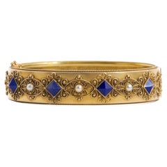 Antique Lapis Lazuli and Pearl 14K Filigree Gold Bracelet