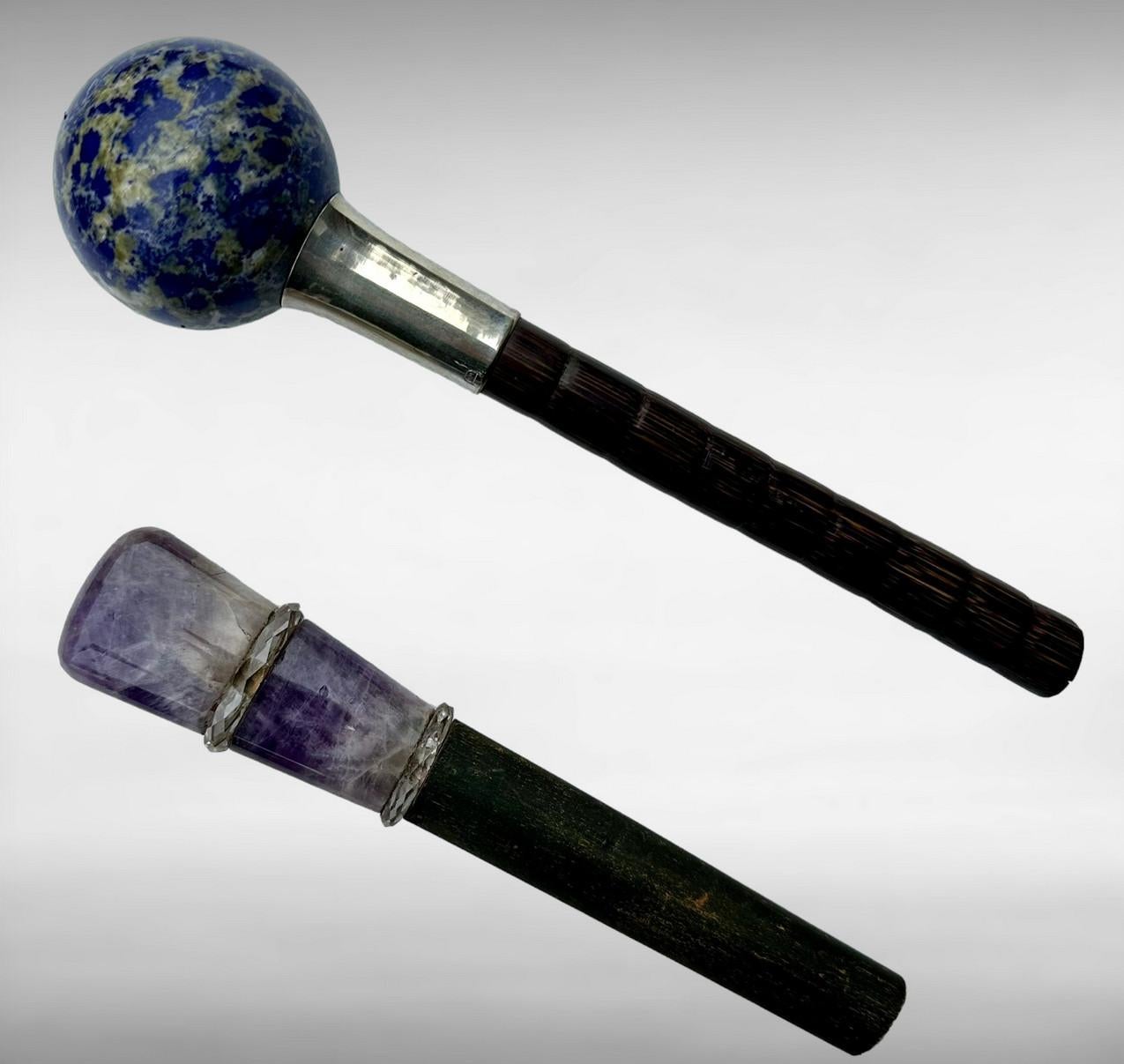 A Very Fine & rare example of a Lapis Lazuli Ball Grip Handle removed from an early Walking Cane with a wide Sterling Silver collar, with part of the original, which is in Partridge wood, late Nineteenth Century. 

Together with a Blue John or