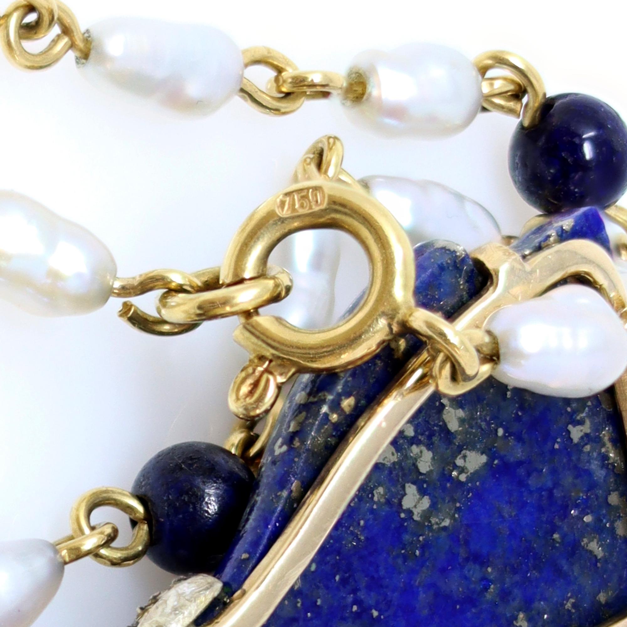 Old Mine Cut Antique Lapis Lazuli Bow Necklace with Pearls in Yellow Gold For Sale