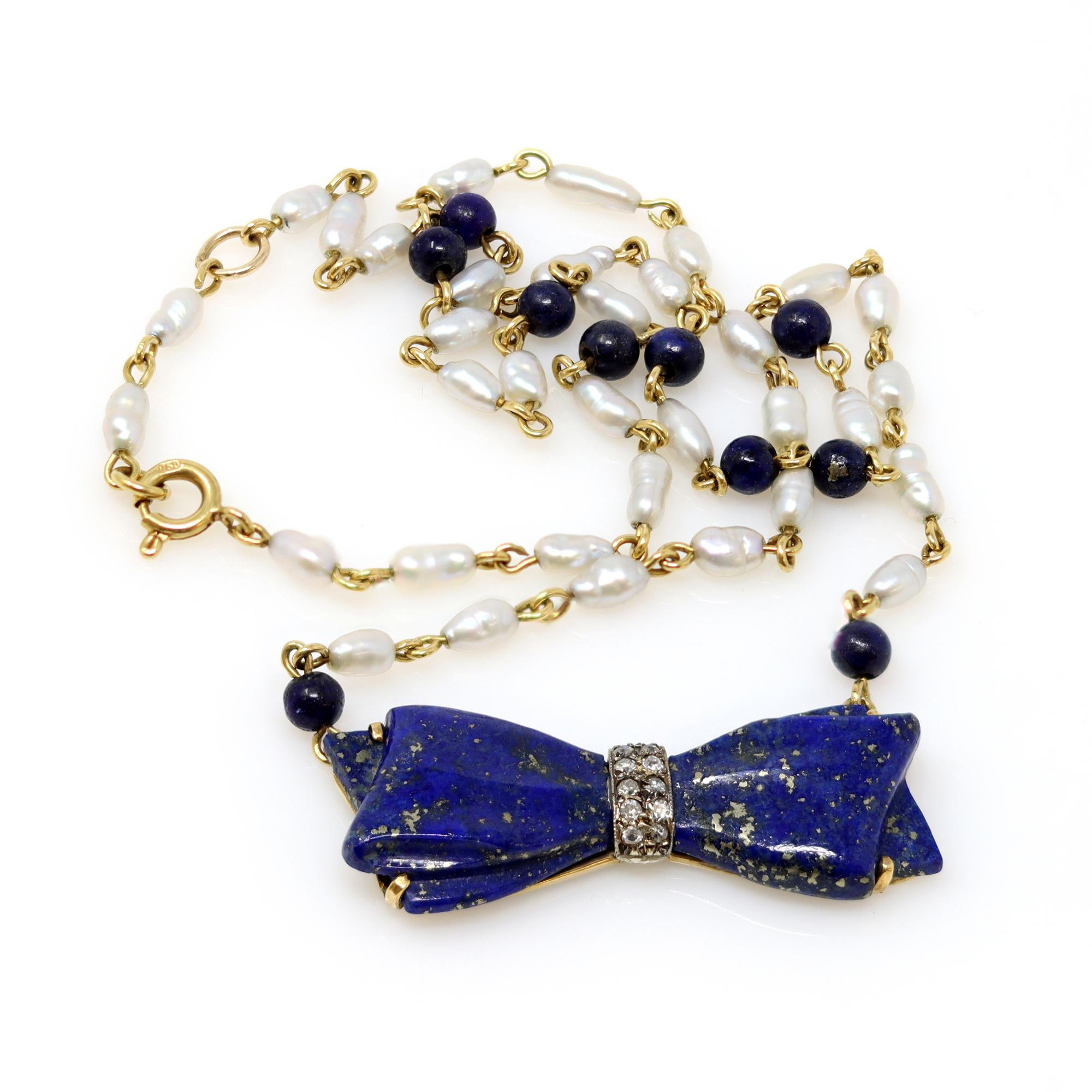 The necklace circa 1960 is a combination of an antique lapis lazuli bow silver top on gold with old mine cut diamond accents in its center and a station chain ca.1960 with lapis lazuli beads and small silver sea water pearls. The gold on the bow is