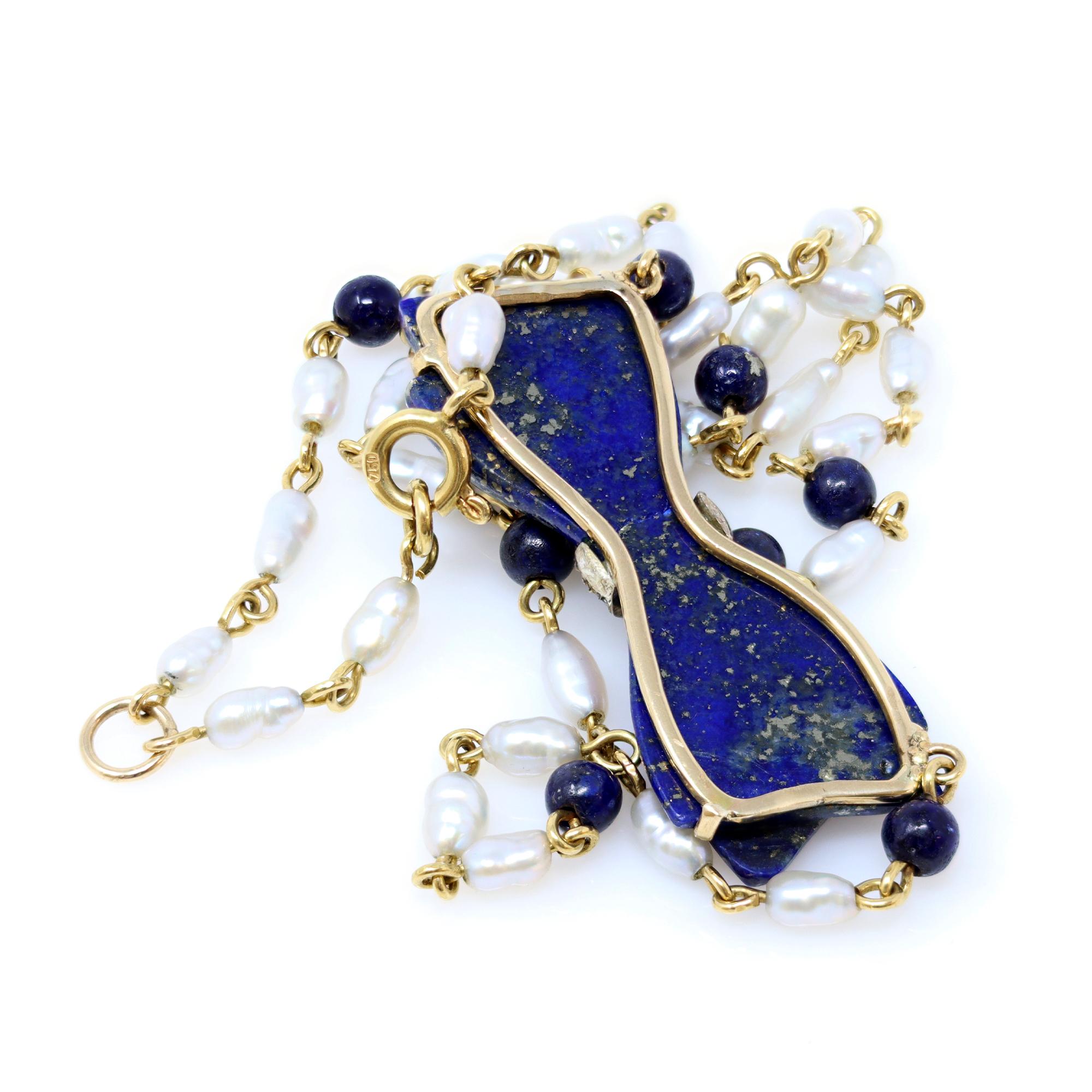 Contemporain Collier ancien avec nœud en lapis-lazuli et perles en or jaune en vente