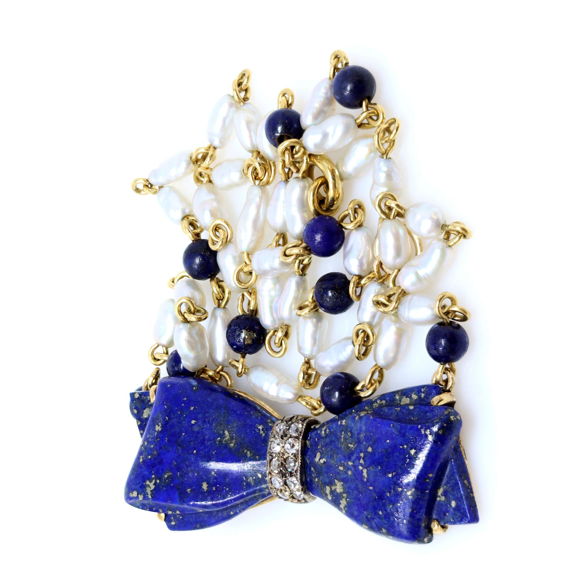 Contemporary Antique Lapis Lazuli Bow Necklace with Pearls in Yellow Gold For Sale