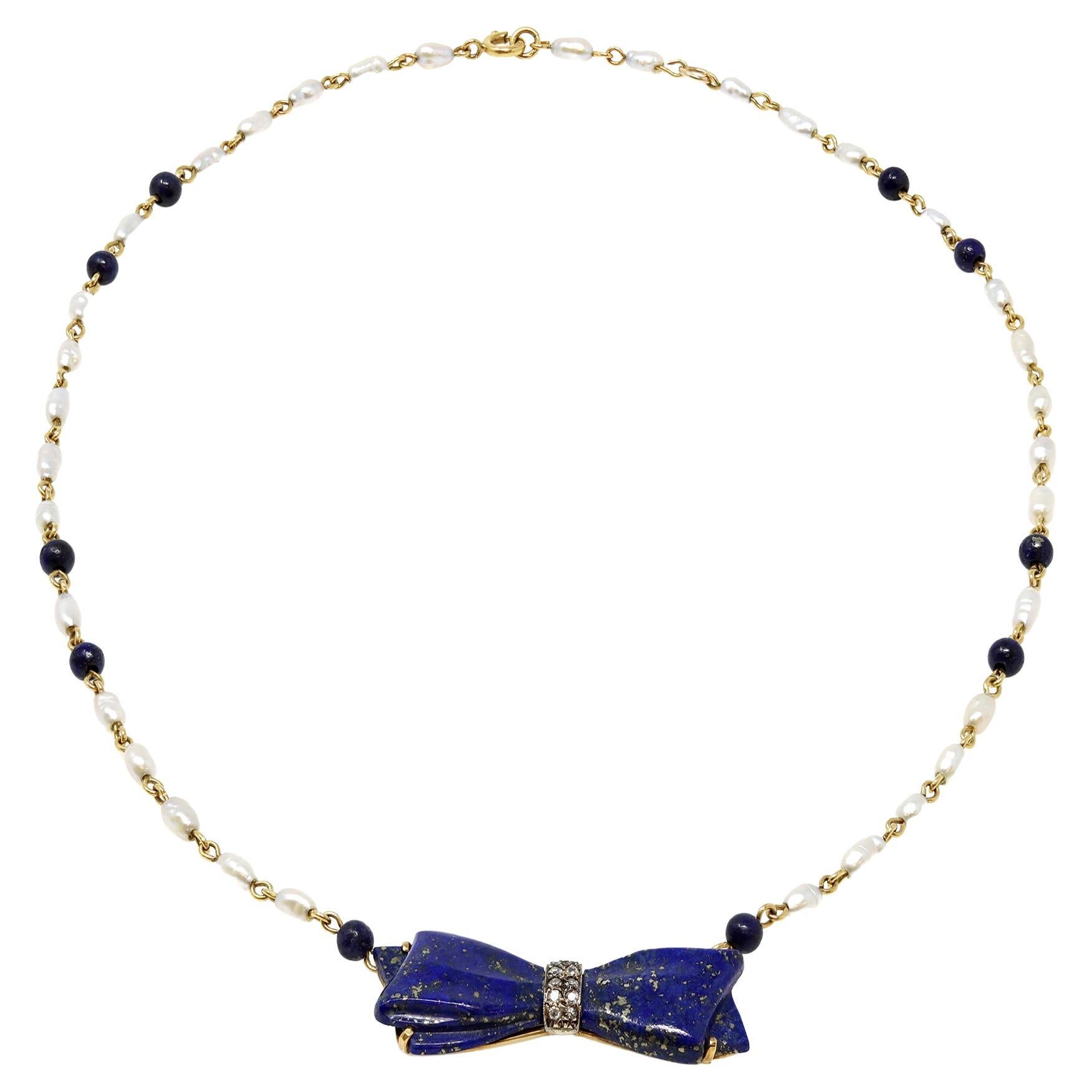 Antique Lapis Lazuli Bow Necklace with Pearls in Yellow Gold