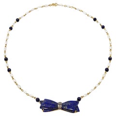 Vintage Lapis Lazuli Bow Necklace with Pearls in Yellow Gold
