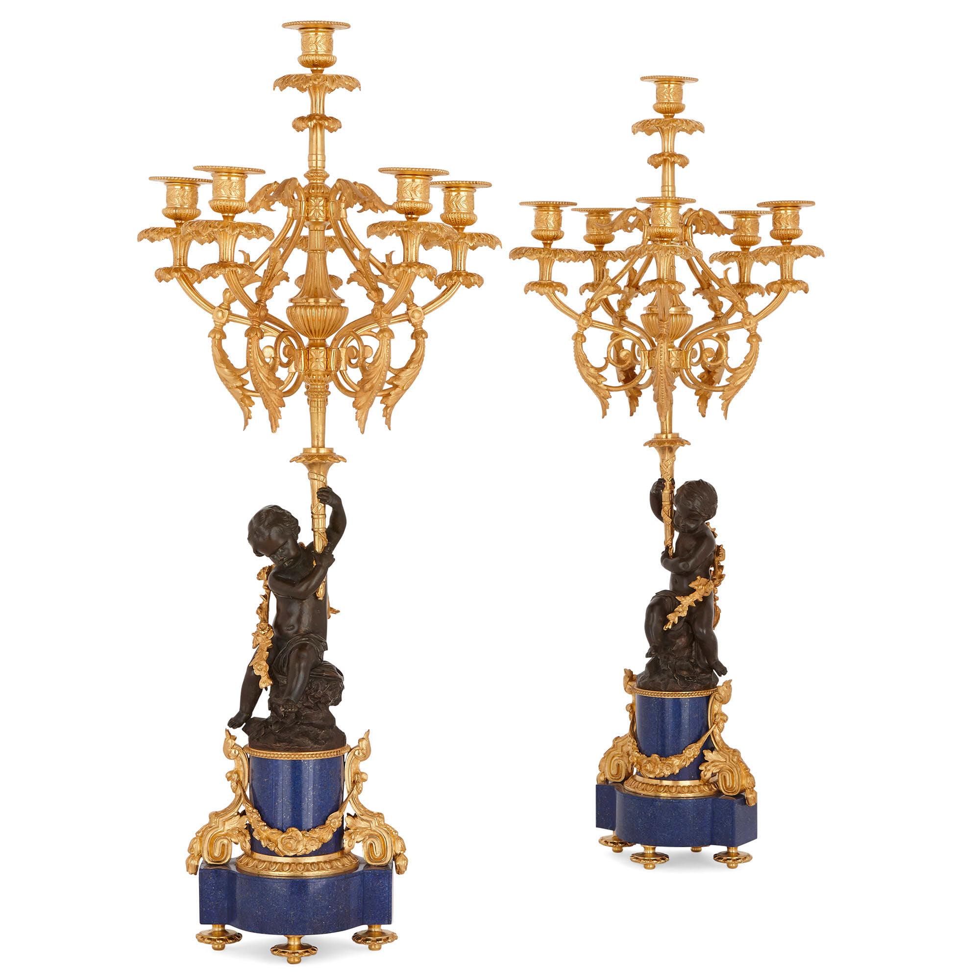 Antique Lapis Lazuli, Patinated and Gilt Bronze Clock Set  In Good Condition In London, GB
