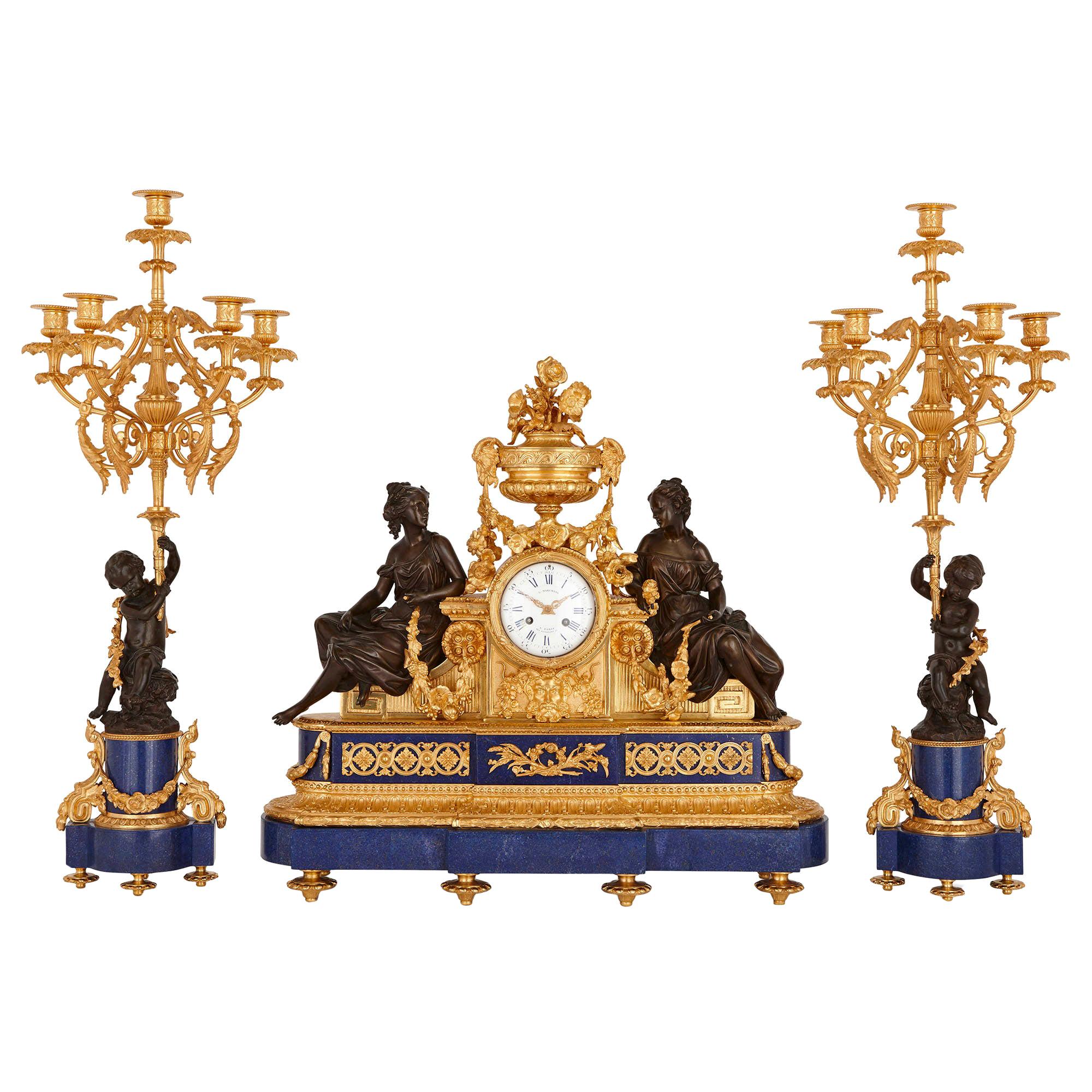 Antique Lapis Lazuli, Patinated and Gilt Bronze Clock Set 