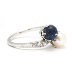 Antique Lapis, Pearl & Diamond Toi et Moi Ring, Platinum, Ring Size 6.75