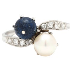 Antique Lapis, Pearl & Diamond Toi et Moi Ring, Platinum, Ring Size 6.75