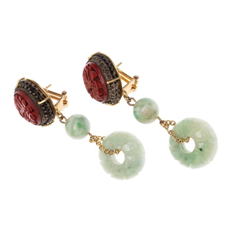 Antique Laquer Jade 18 Karat Gold Earrings In New Condition For Sale In Milan, IT