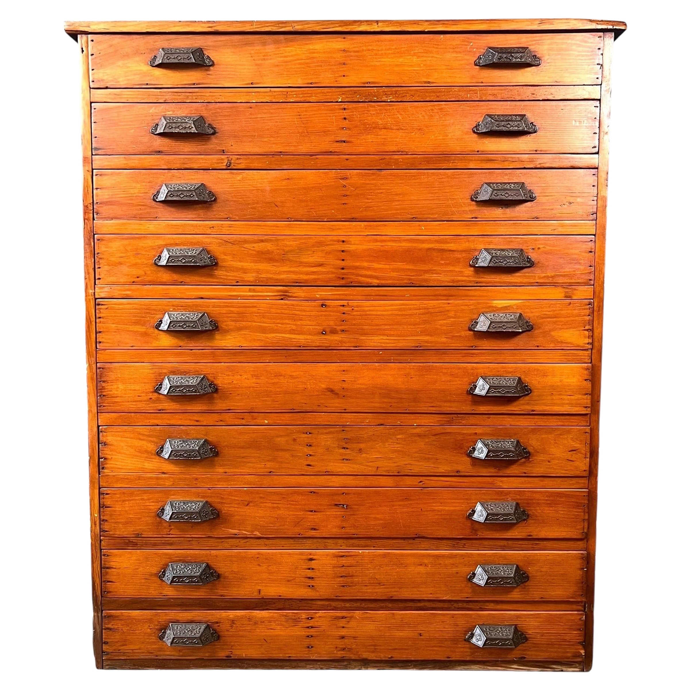 Antique Large 10 Drawer Pine Map File Flat File Cabinet For Sale